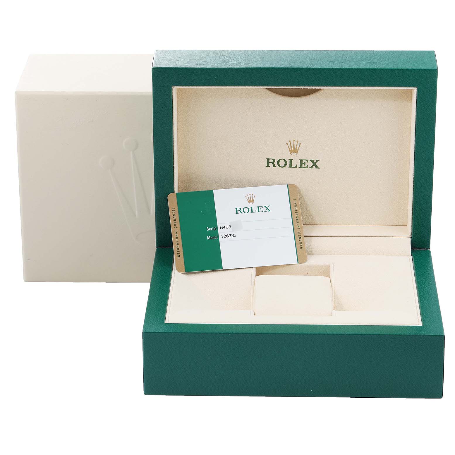 The image shows the box and warranty card of a Rolex Datejust 41 126333 Men's Steel and Gold (two tone) Black Dial 126333 Men's Steel and Gold (two tone) Black Dial, model 126333, with an open green and beige watch case.