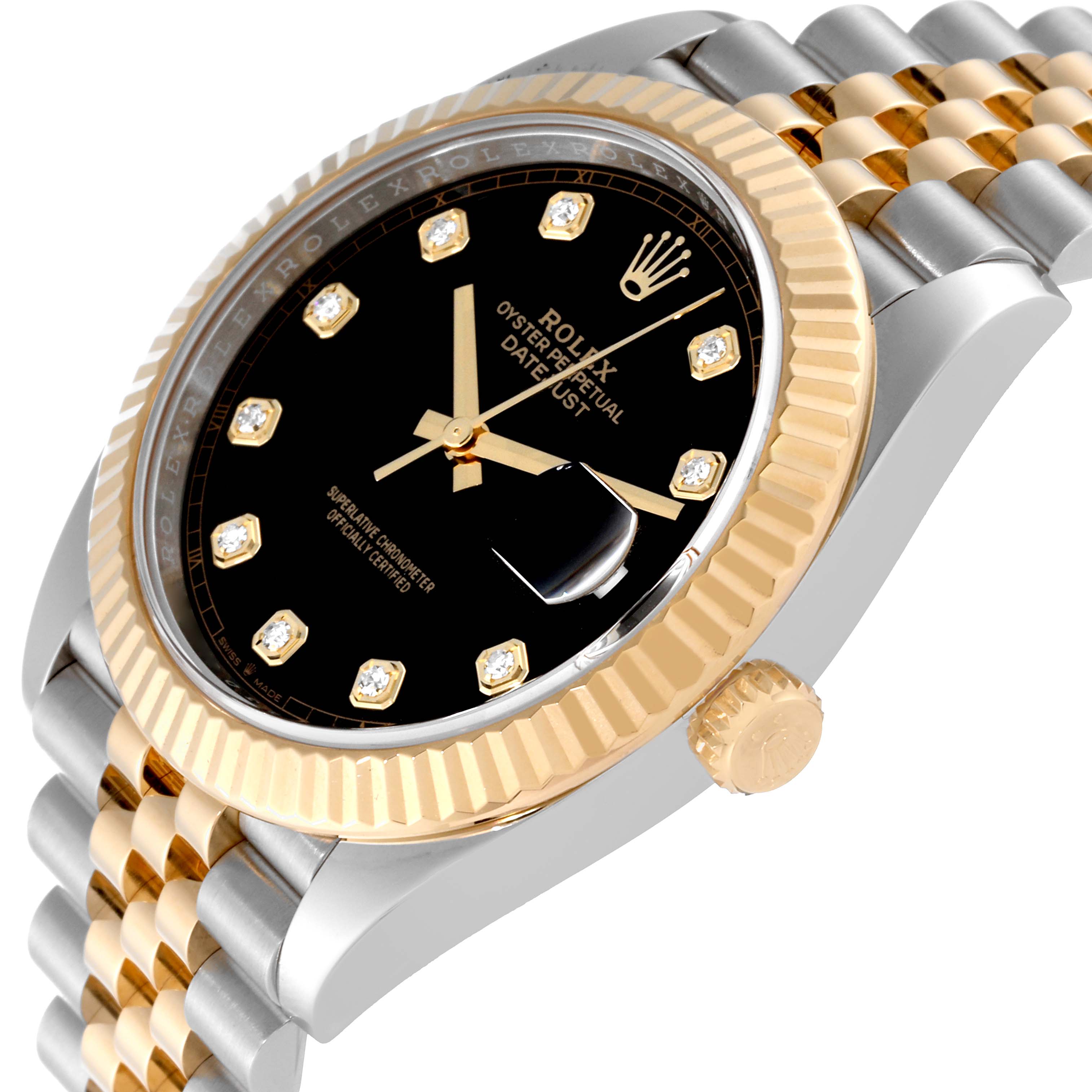 The Rolex Datejust 41 126333 Men's Steel and Gold (two tone) Black Dial 126333 Men's Steel and Gold (two tone) Black Dial watch is shown at a slight angle highlighting the bezel, crown, dial, and part of the bracelet.