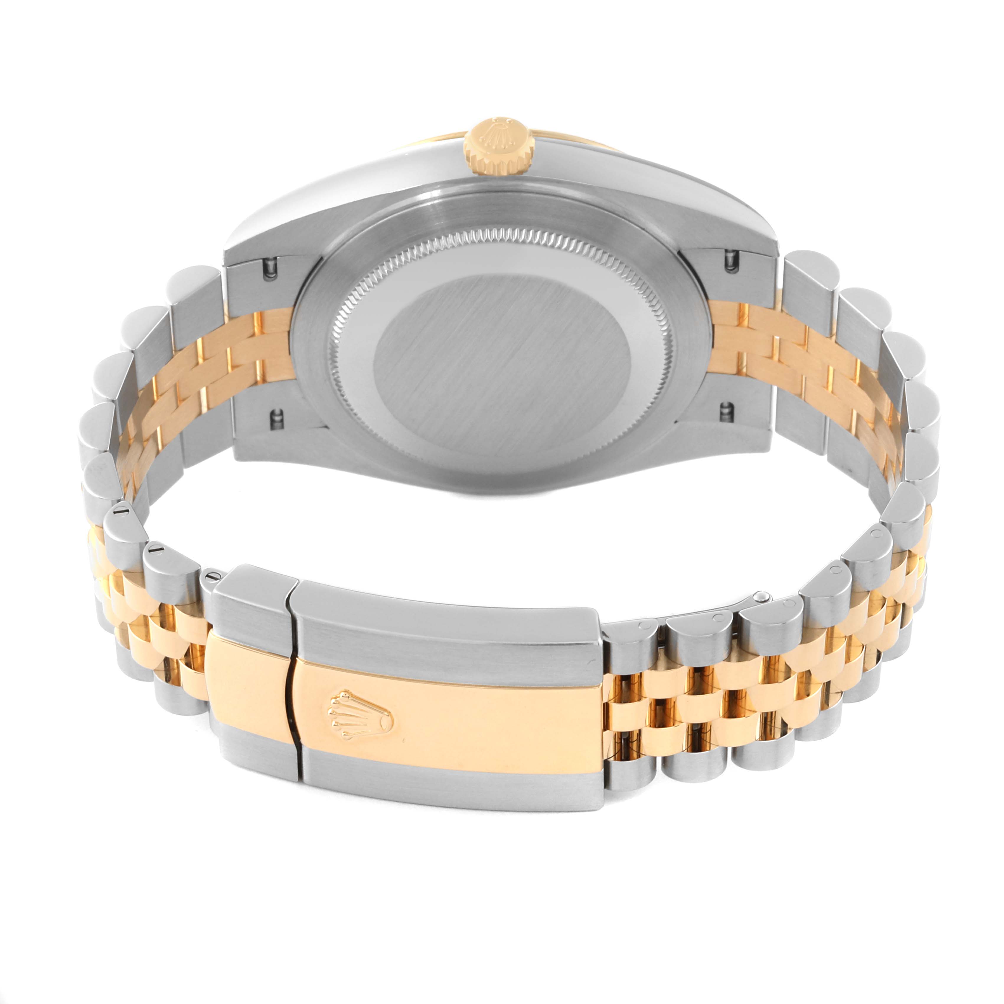 The image shows the back view of a Rolex Datejust 41 126333 Men's Steel and Gold (two tone) Black Dial 126333 Men's Steel and Gold (two tone) Black Dial watch highlighting its clasp and two-tone bracelet.