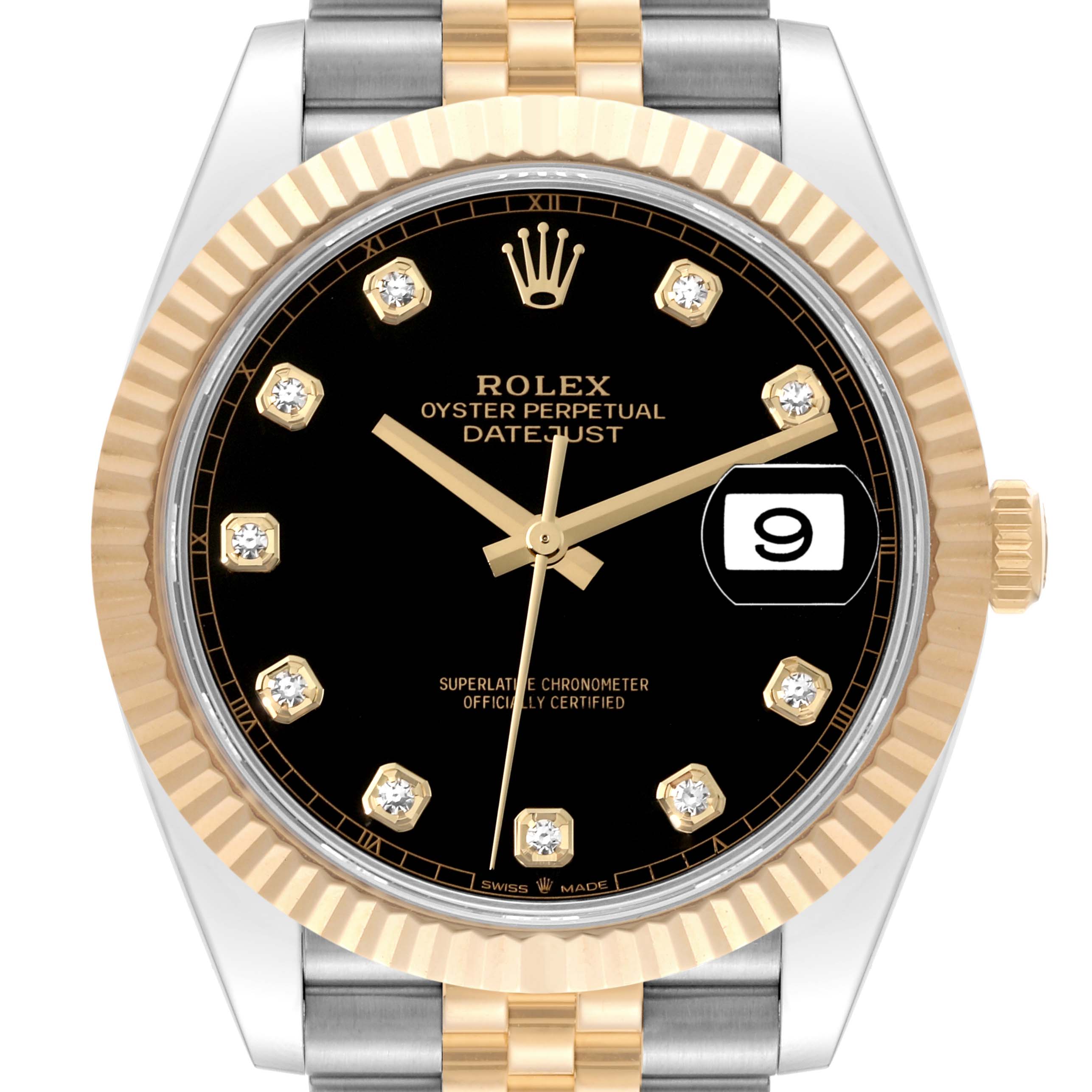 This image showcases a frontal view of the Rolex Datejust 41 126333 Men's Steel and Gold (two tone) Black Dial 126333 Men's Steel and Gold (two tone) Black Dial, highlighting its black dial, diamond hour markers, and two-tone bracelet.