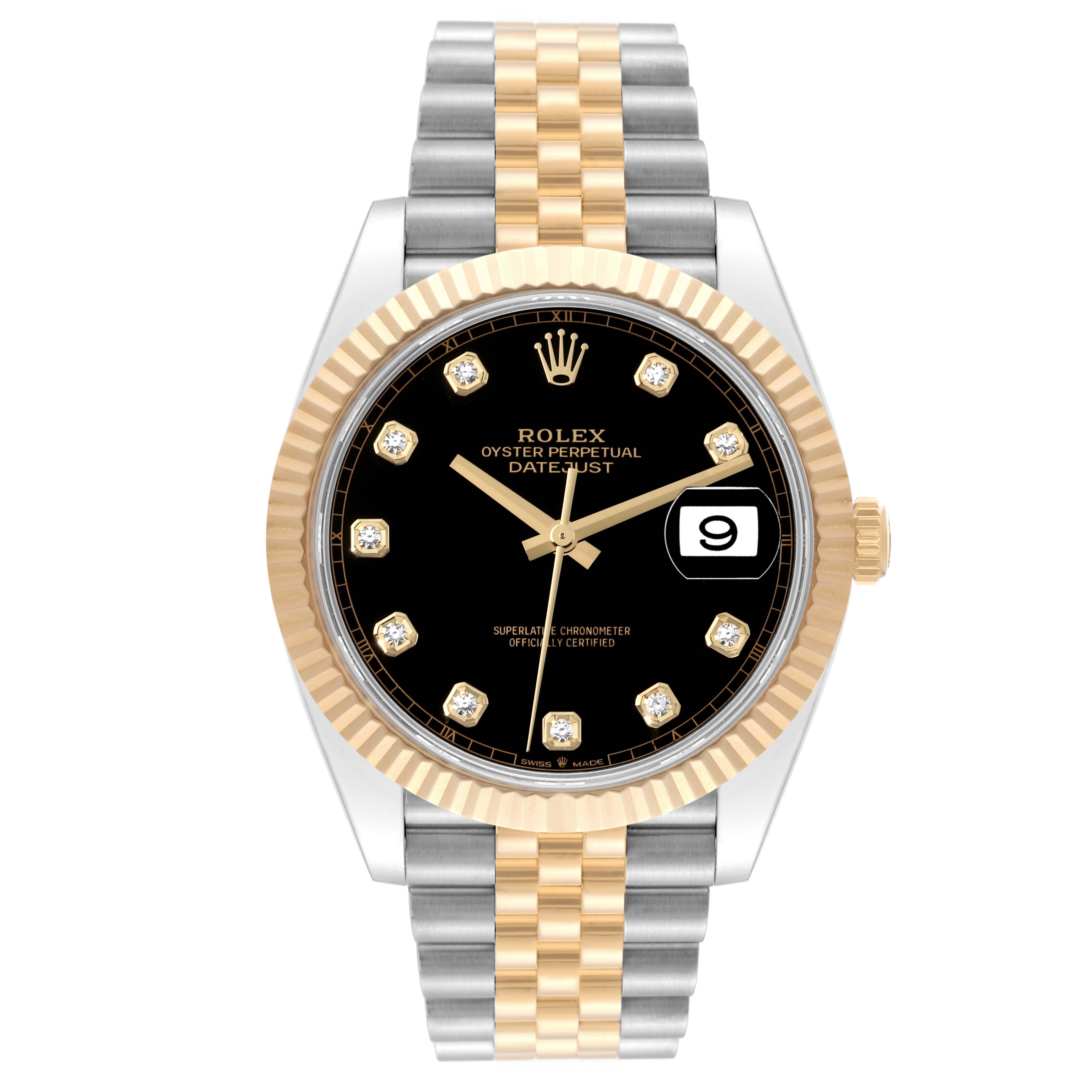 The image displays a Rolex Datejust 41 126333 Men's Steel and Gold (two tone) Black Dial 126333 Men's Steel and Gold (two tone) Black Dial watch in gold and silver, viewed from the front, showcasing the dial, hands, and the two-tone bracelet.