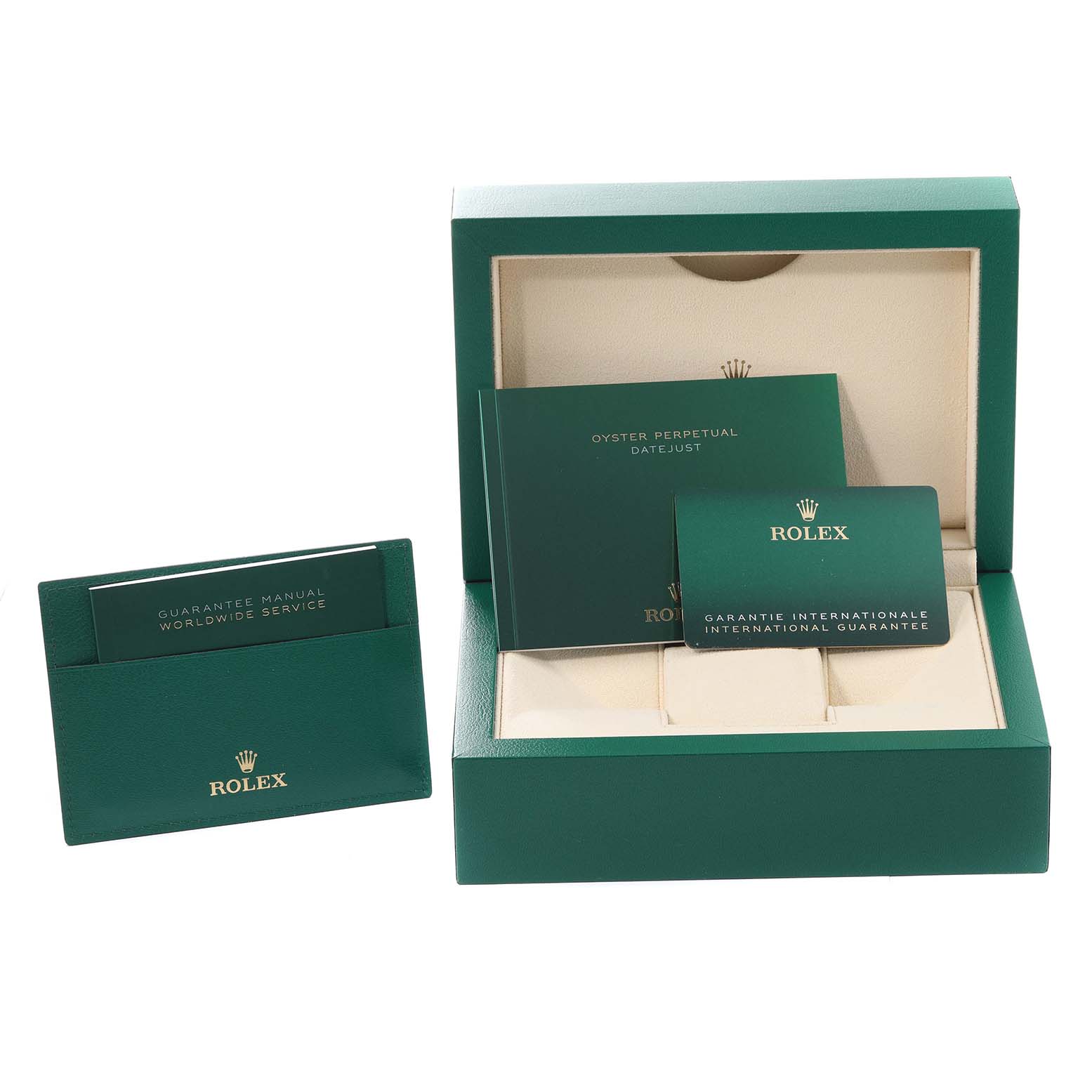 This image shows the box, warranty card, and manuals for a Rolex Datejust 41 126333 Men's Steel and Gold (two tone) Black Dial 126333 Men's Steel and Gold (two tone) Black Dial watch.