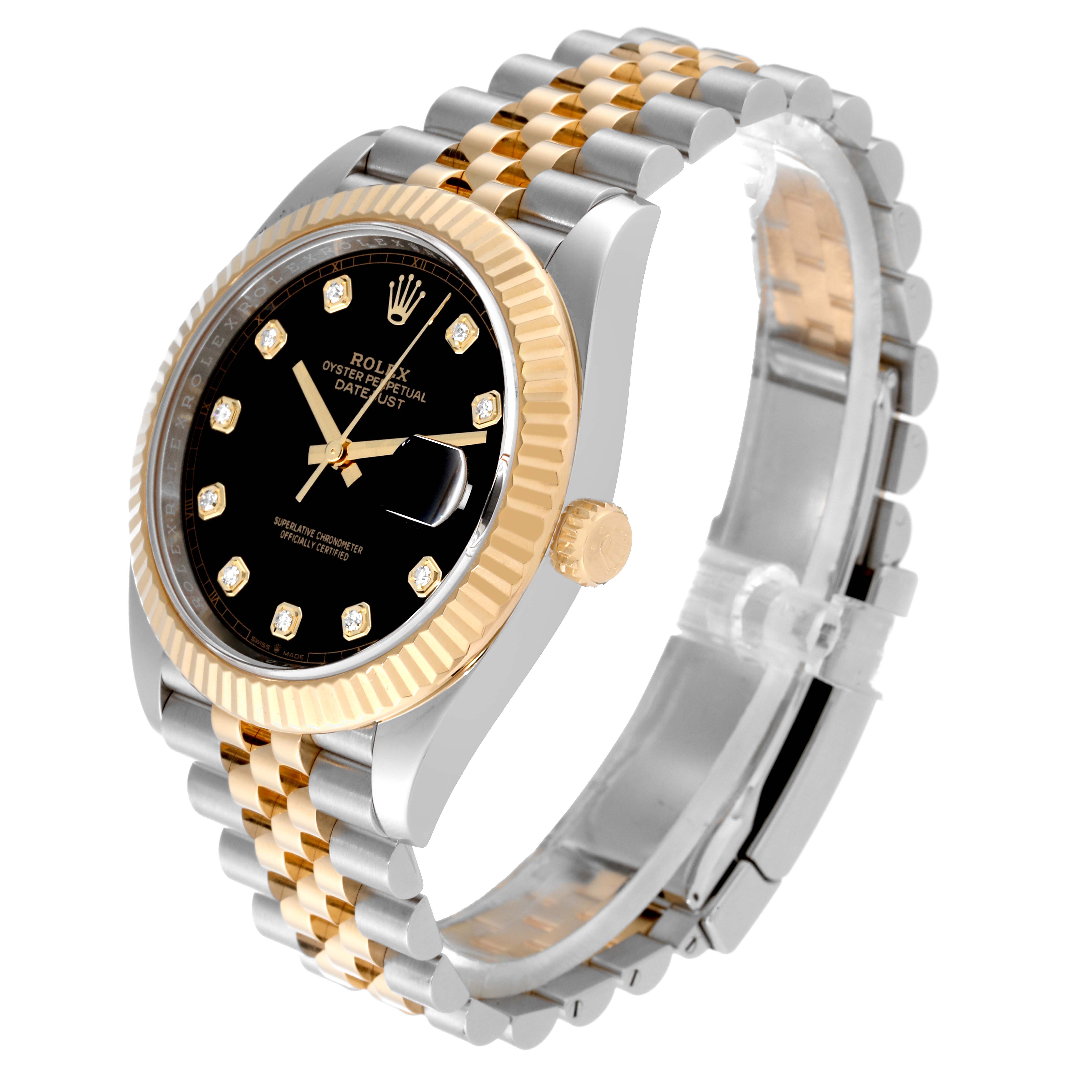 The image shows a Rolex Datejust 41 126333 Men's Steel and Gold (two tone) Black Dial 126333 Men's Steel and Gold (two tone) Black Dial watch angled from the side, highlighting the dial, bezel, crown, and bracelet.
