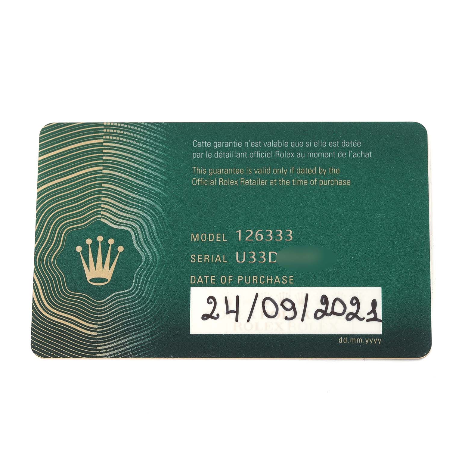 The image shows a warranty card for the Rolex Datejust 41 126333 Men's Steel and Gold (two tone) Black Dial 126333 Men's Steel and Gold (two tone) Black Dial model, displaying the model number, serial number, and purchase date.