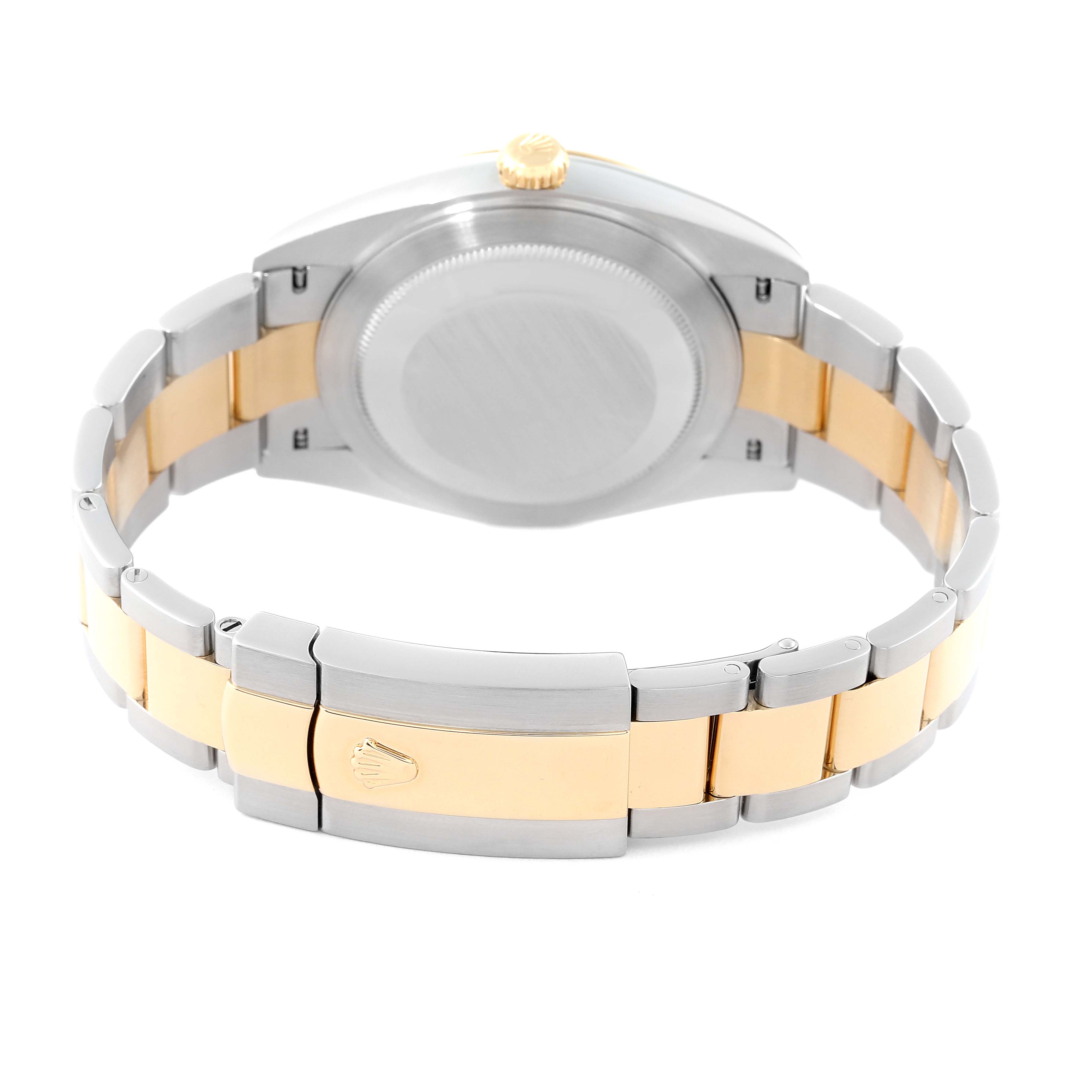 This image shows the back and clasp of a Rolex Datejust 41 M126333-0011 Men's Steel and Gold (two tone) Champagne Dial M126333-0011 Men's Steel and Gold (two tone) Champagne Dial watch, highlighting its stainless steel and gold bracelet.
