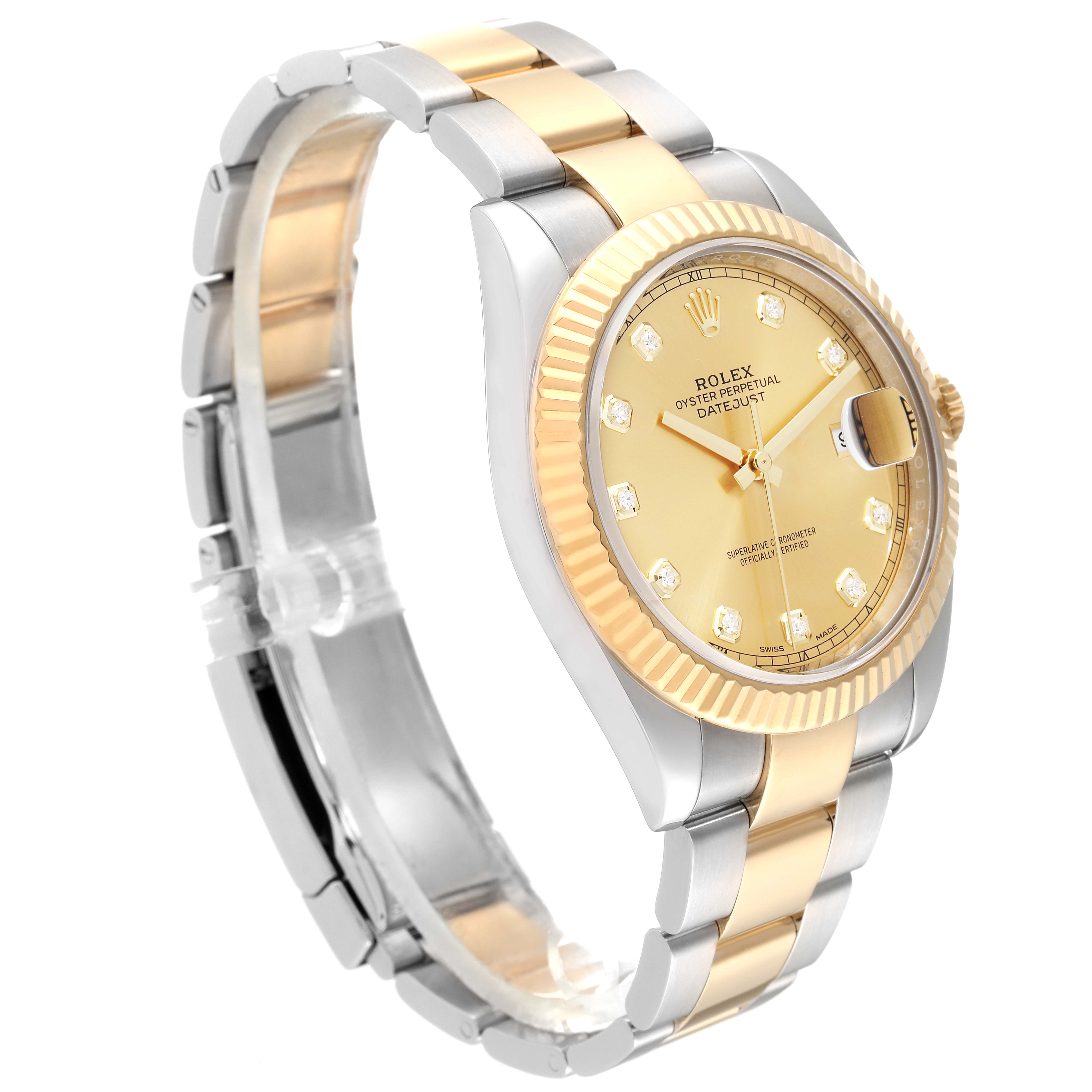 The Rolex Datejust 41 M126333-0011 Men's Steel and Gold (two tone) Champagne Dial M126333-0011 Men's Steel and Gold (two tone) Champagne Dial watch is shown at a three-quarter angle, displaying the face, bezel, and part of the two-tone bracelet.
