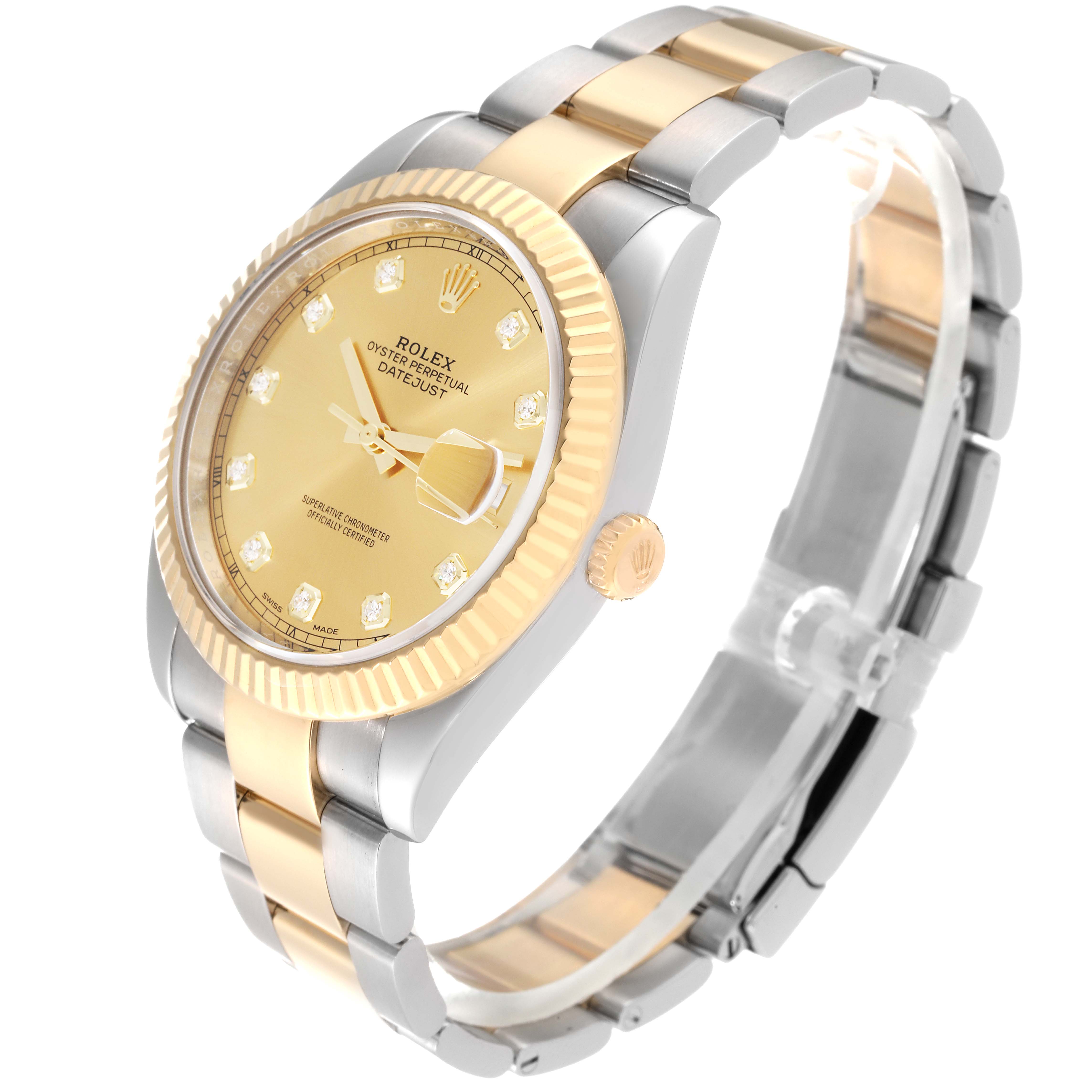 This image shows a side profile of the Rolex Datejust 41 M126333-0011 Men's Steel and Gold (two tone) Champagne Dial M126333-0011 Men's Steel and Gold (two tone) Champagne Dial watch, highlighting the case, bezel, dial, and bracelet.