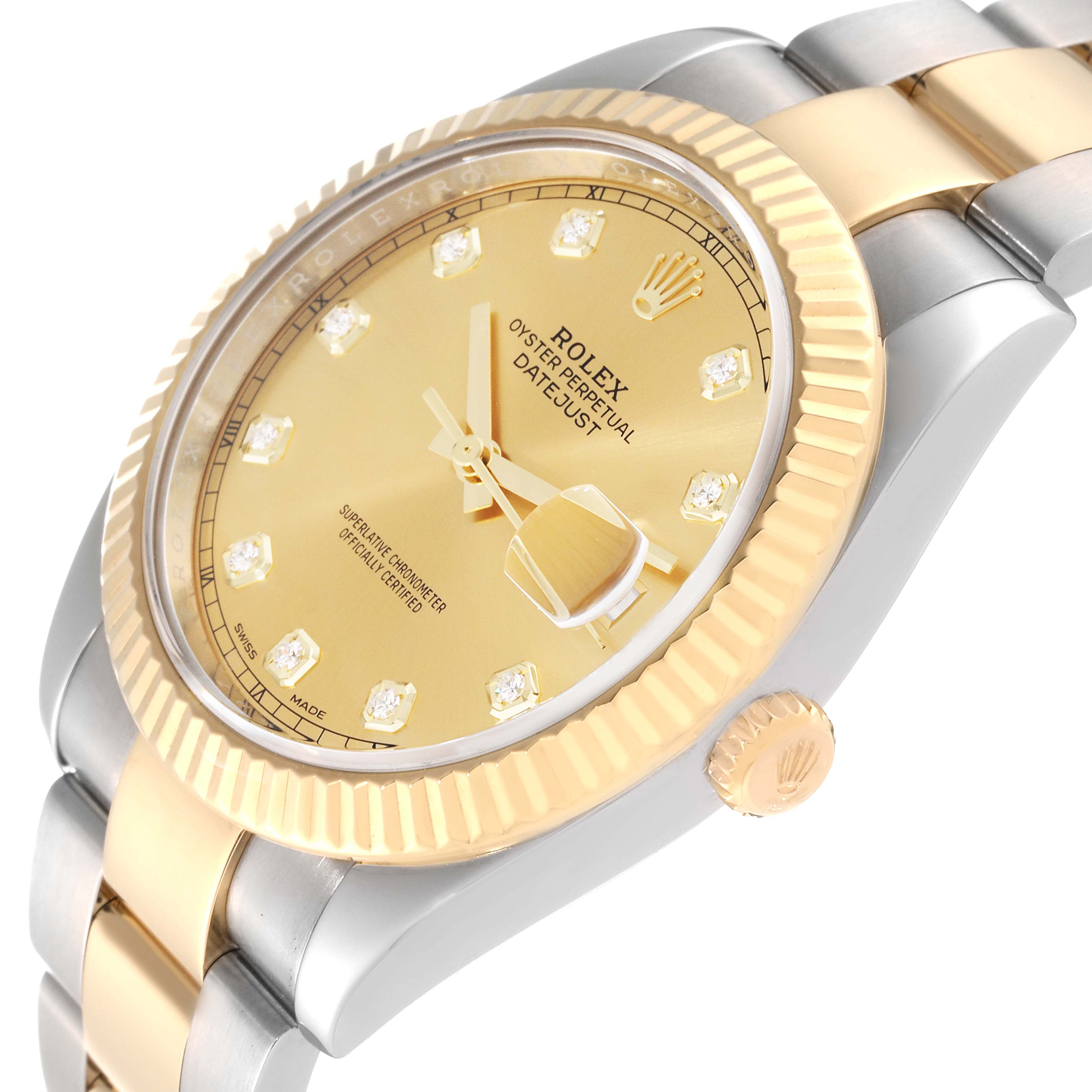 The image shows a tilted close-up of the Rolex Datejust 41 M126333-0011 Men's Steel and Gold (two tone) Champagne Dial M126333-0011 Men's Steel and Gold (two tone) Champagne Dial watch, highlighting the dial, fluted bezel, crown, and part of the bracelet.