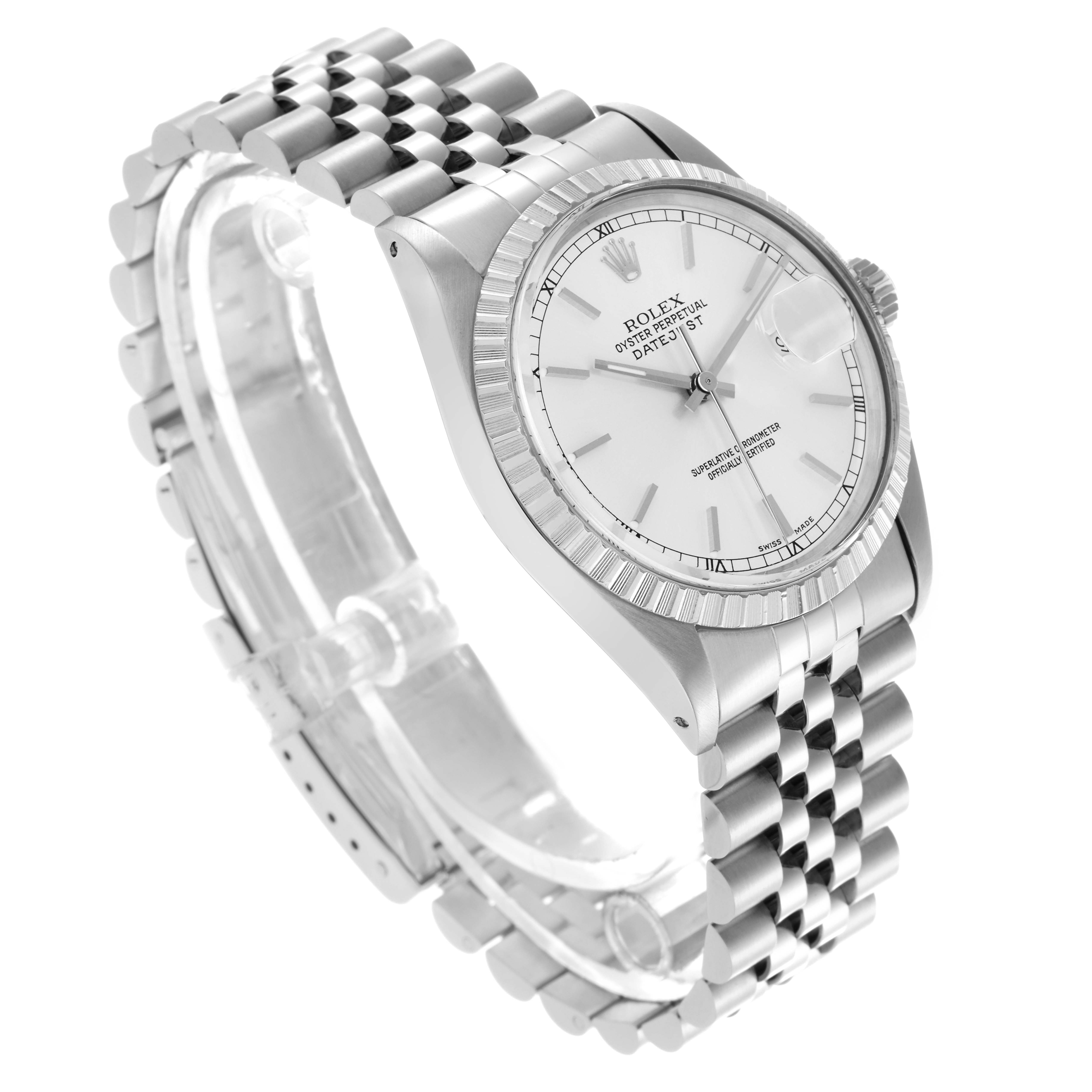The Rolex Datejust 16030 Men
s Stainless Steel Silver Dial 16030 Men
s Stainless Steel Silver Dial watch is shown at an angled side view, displaying the face, bezel, and Jubilee bracelet.