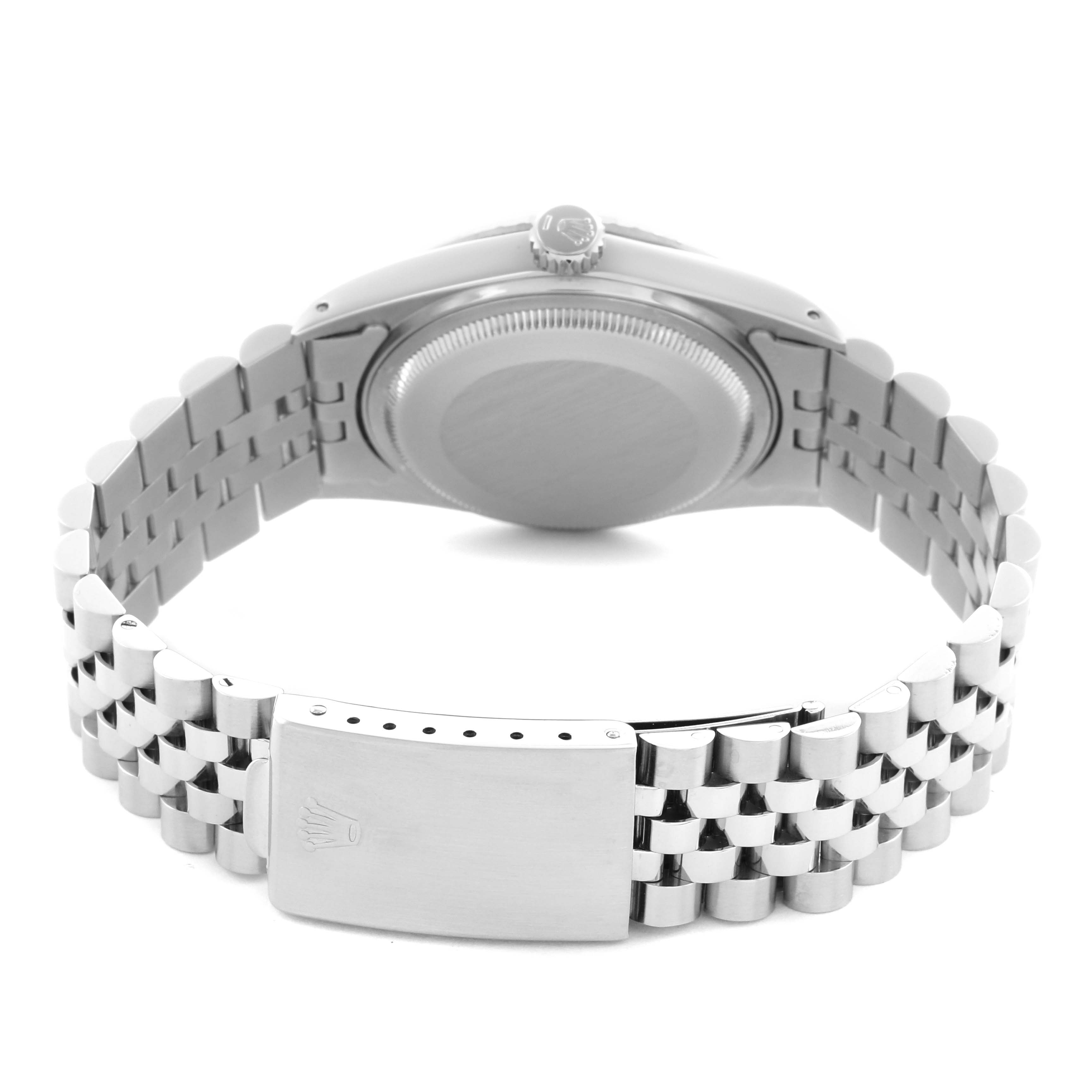 The image shows the back of the Rolex Datejust 16030 Men
s Stainless Steel Silver Dial 16030 Men
s Stainless Steel Silver Dial, featuring the closed case back and Jubilee bracelet.