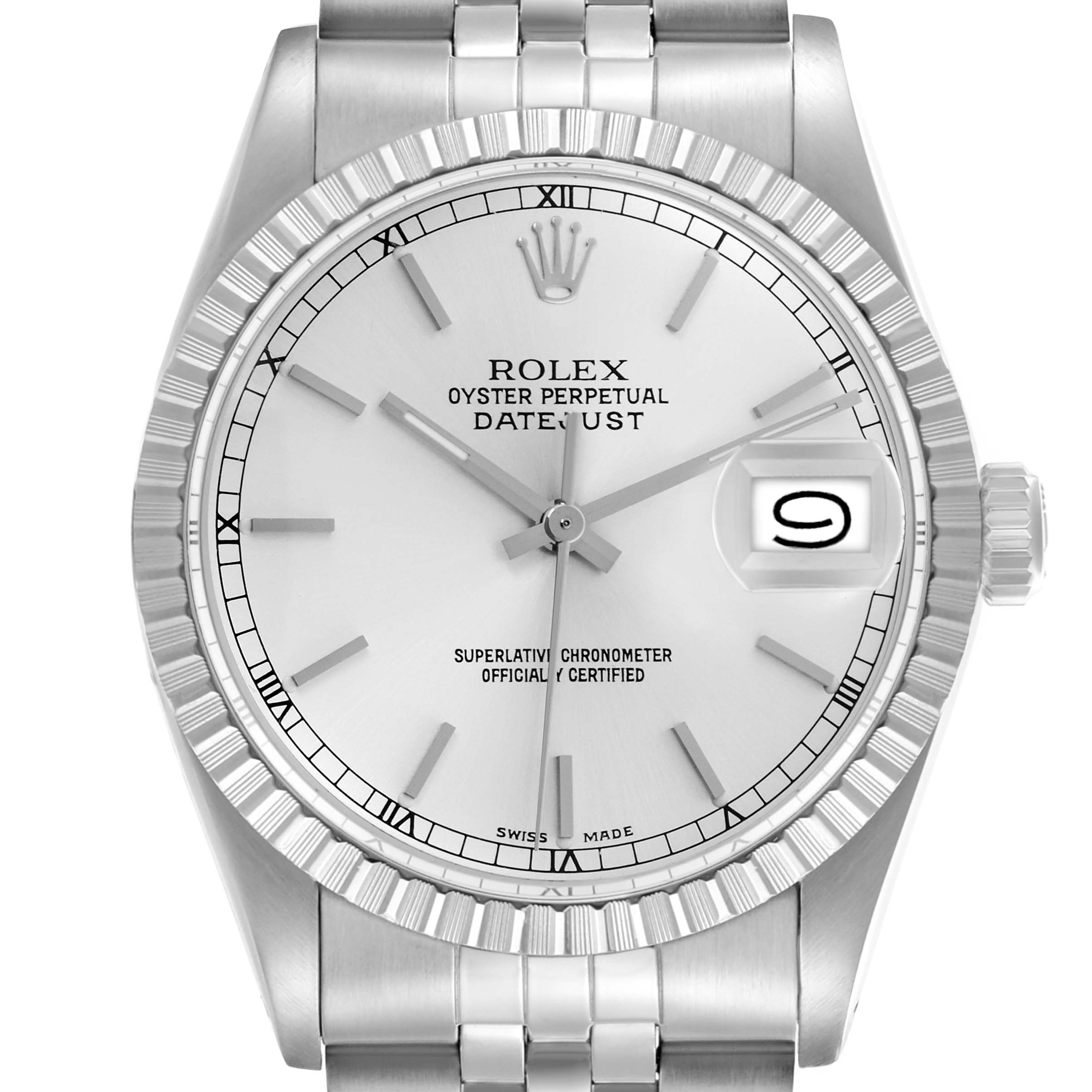 The Rolex Datejust 16030 Men
s Stainless Steel Silver Dial 16030 Men
s Stainless Steel Silver Dial watch is shown from a front angle, highlighting the face, bezel, and part of the bracelet.
