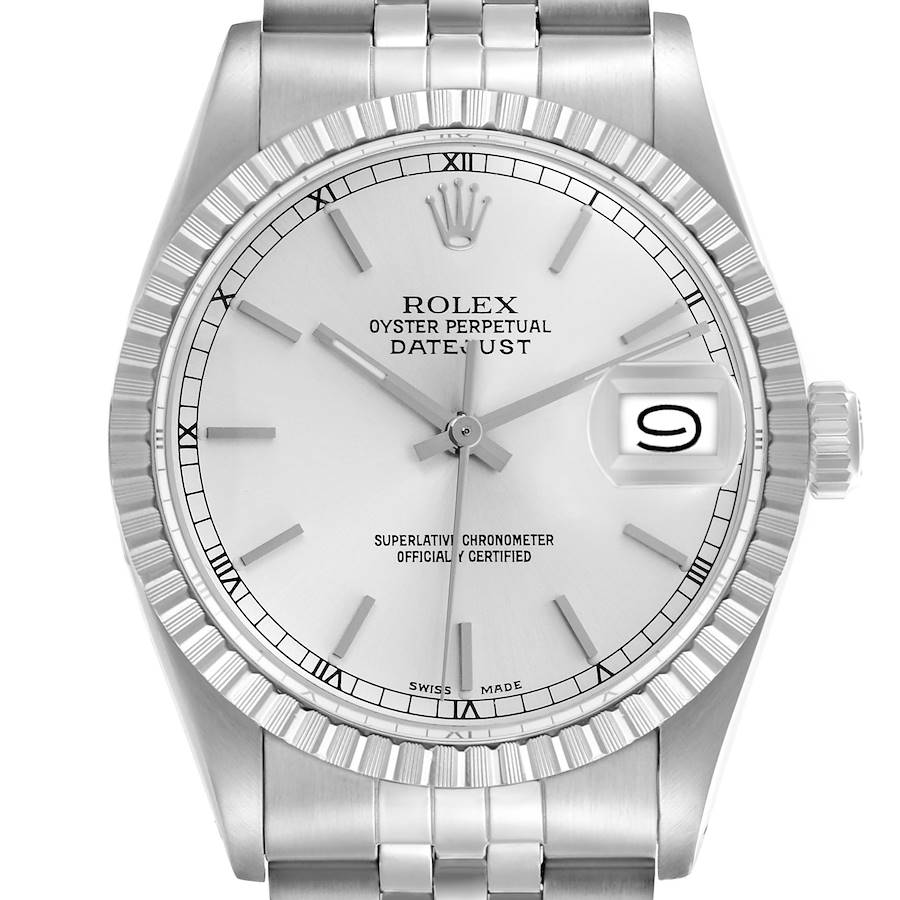 The Rolex Datejust watch is shown from a front angle, highlighting the face, bezel, and part of the bracelet.