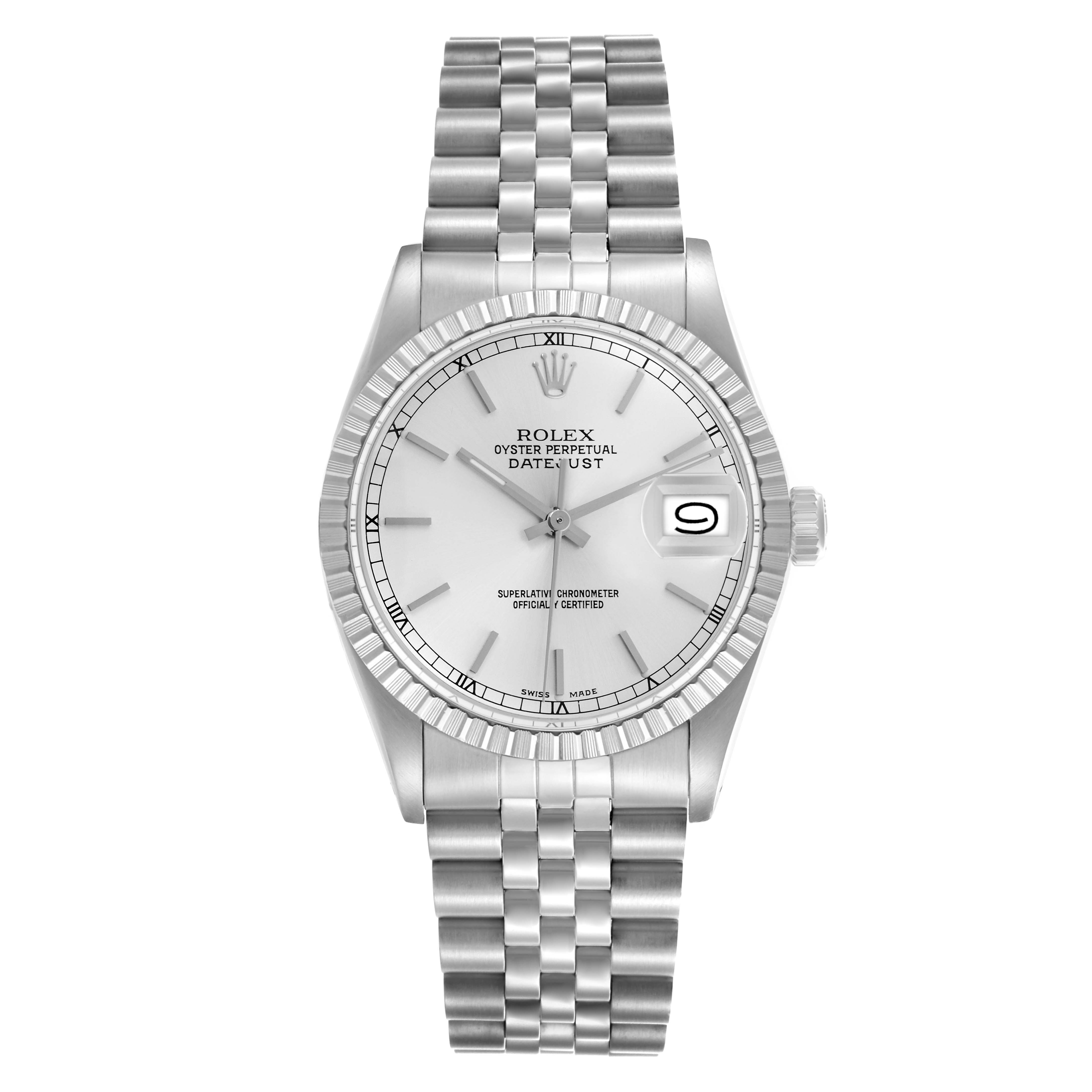 The image shows a Rolex Datejust 16030 Men
s Stainless Steel Silver Dial 16030 Men
s Stainless Steel Silver Dial watch from the front, displaying the dial, bezel, bracelet, and crown.