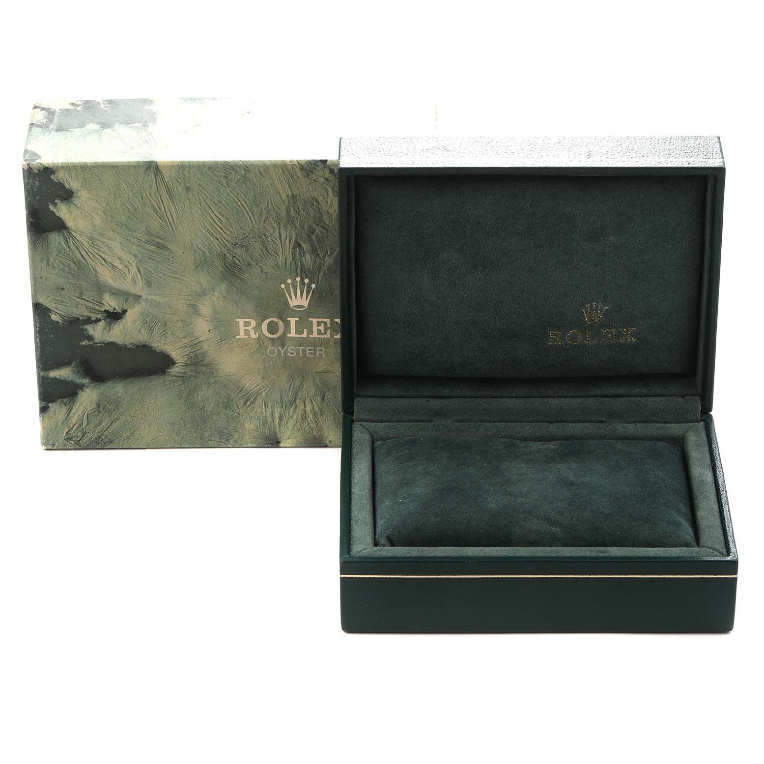 The image shows the box and packaging for a Rolex Datejust model 16030 men
s watch, with the box open to display its interior.