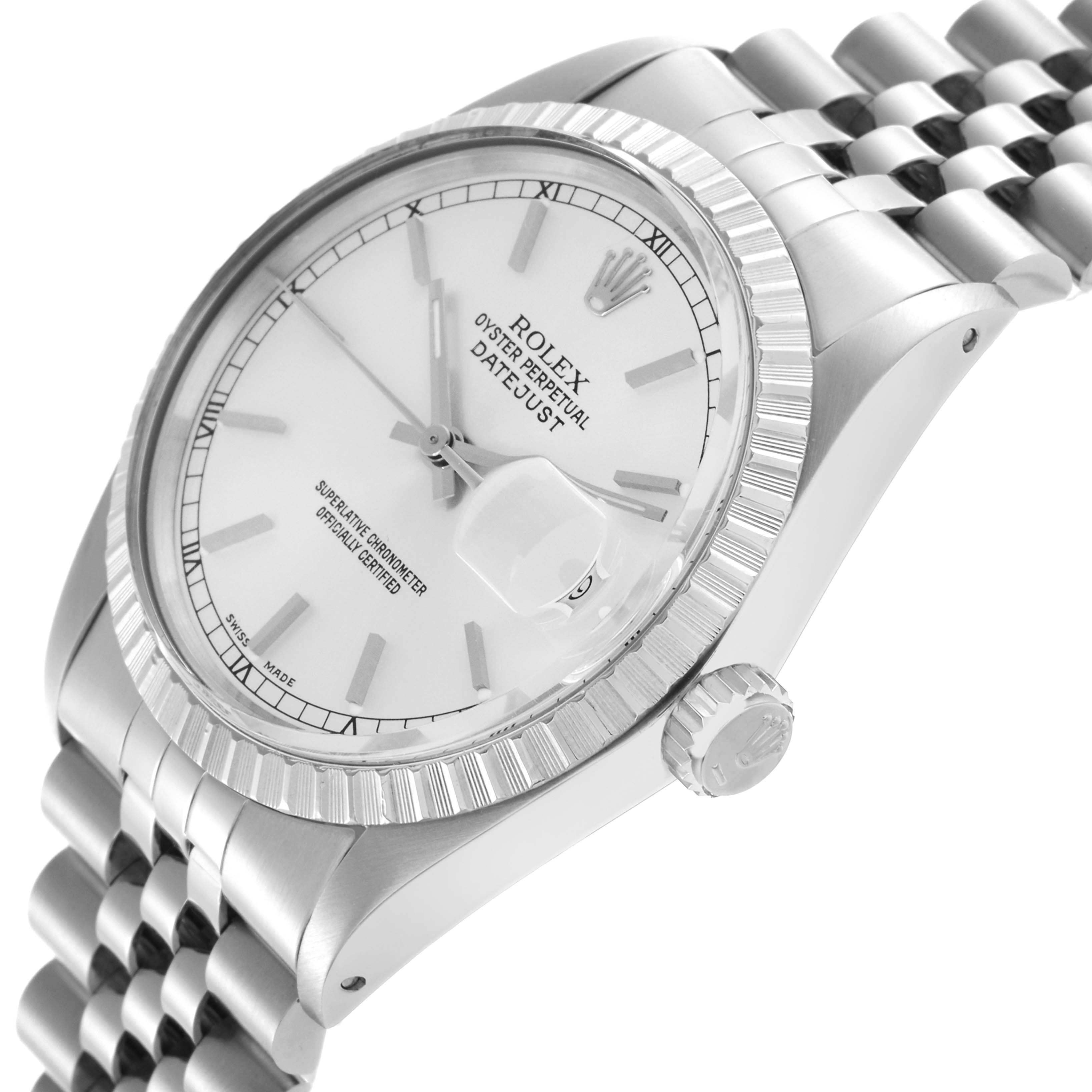 The Rolex Datejust 16030 Men
s Stainless Steel Silver Dial 16030 Men
s Stainless Steel Silver Dial watch is shown at a tilted angle, highlighting the face, fluted bezel, and part of the Jubilee bracelet.