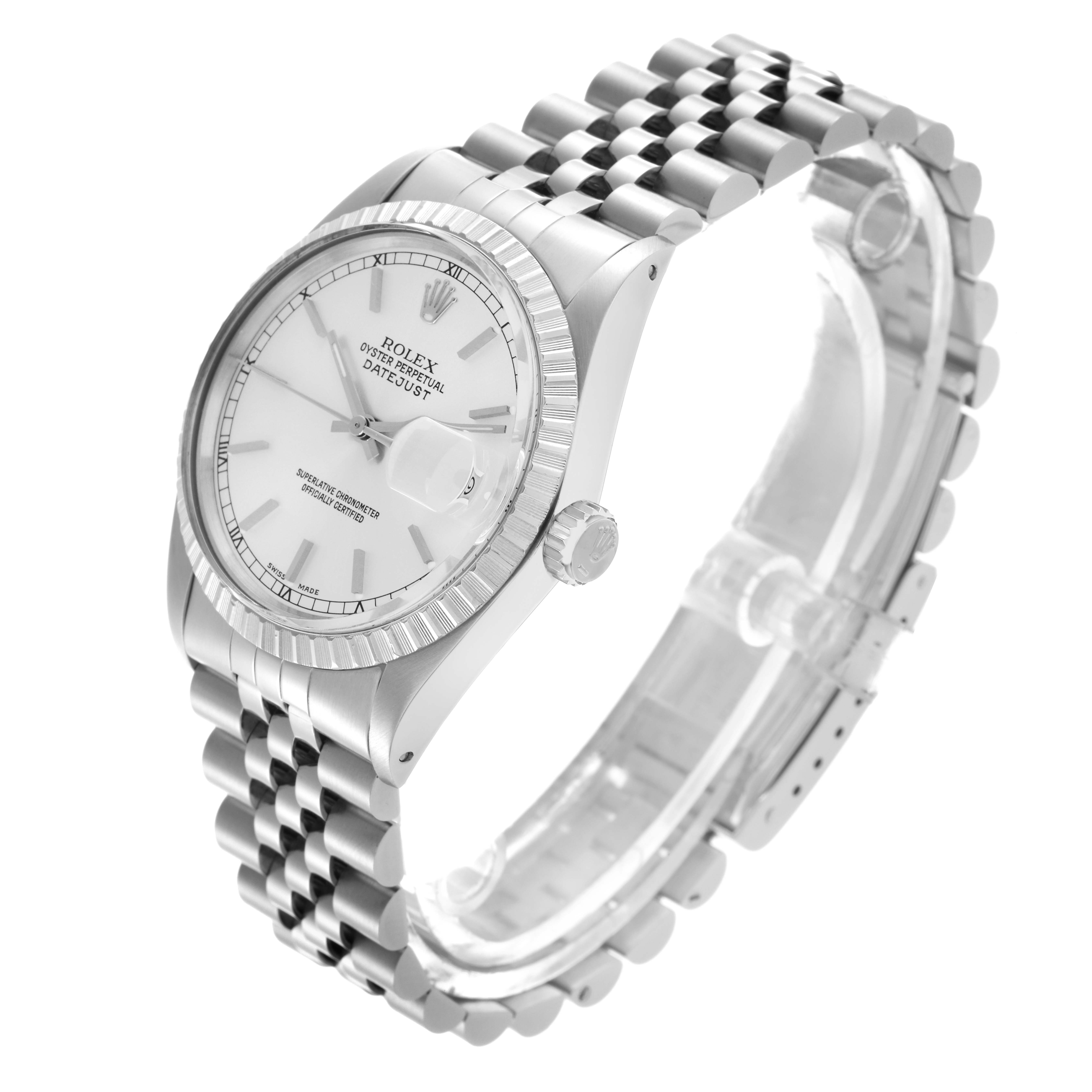 The Rolex Datejust 16030 Men
s Stainless Steel Silver Dial 16030 Men
s Stainless Steel Silver Dial watch is shown at a three-quarter angle, highlighting the face, bezel, and bracelet.