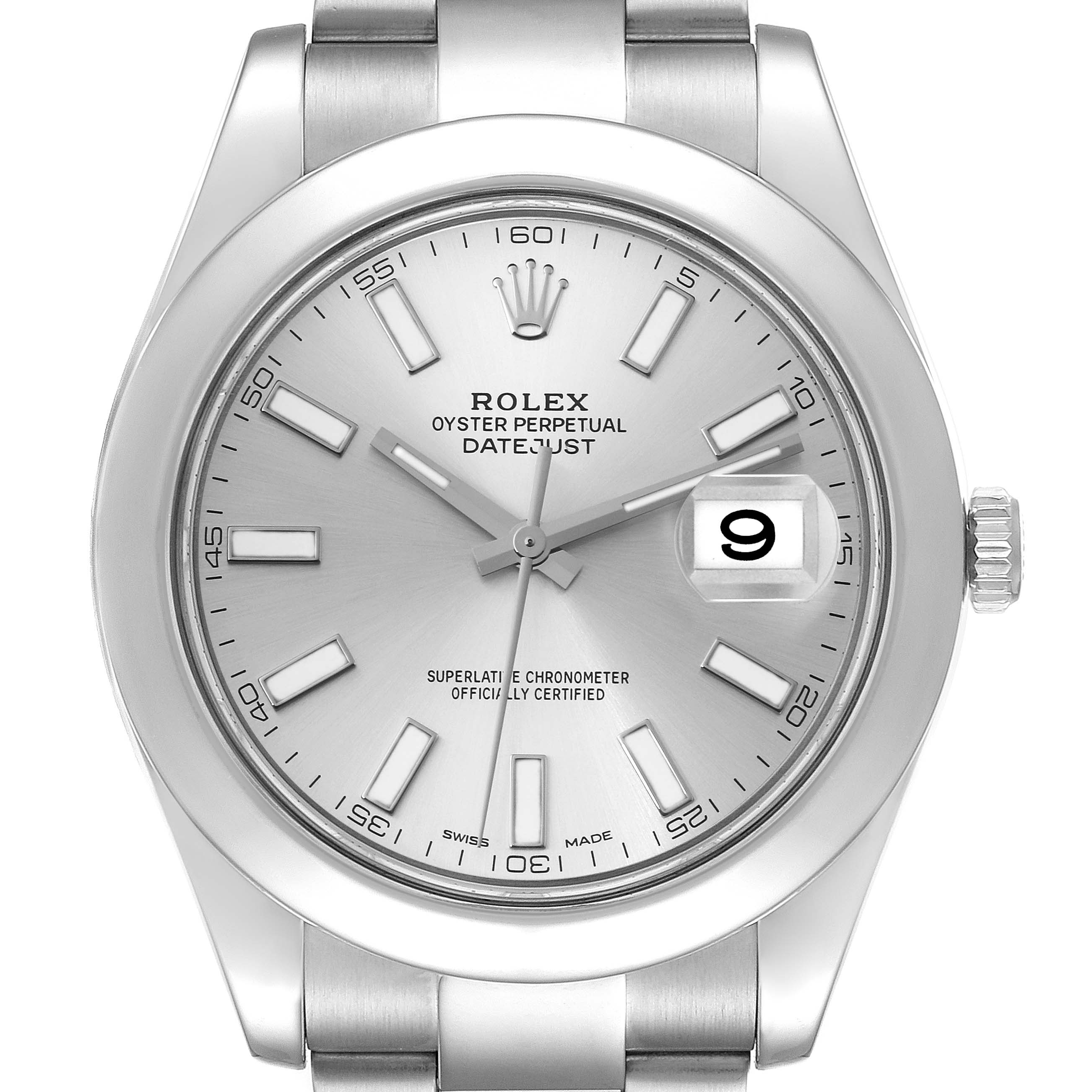 The image shows a frontal view of the Rolex Datejust 116300 Men
s Stainless Steel Silver Dial 116300 Men
s Stainless Steel Silver Dial watch, featuring its dial, hands, bezel, and part of the bracelet.