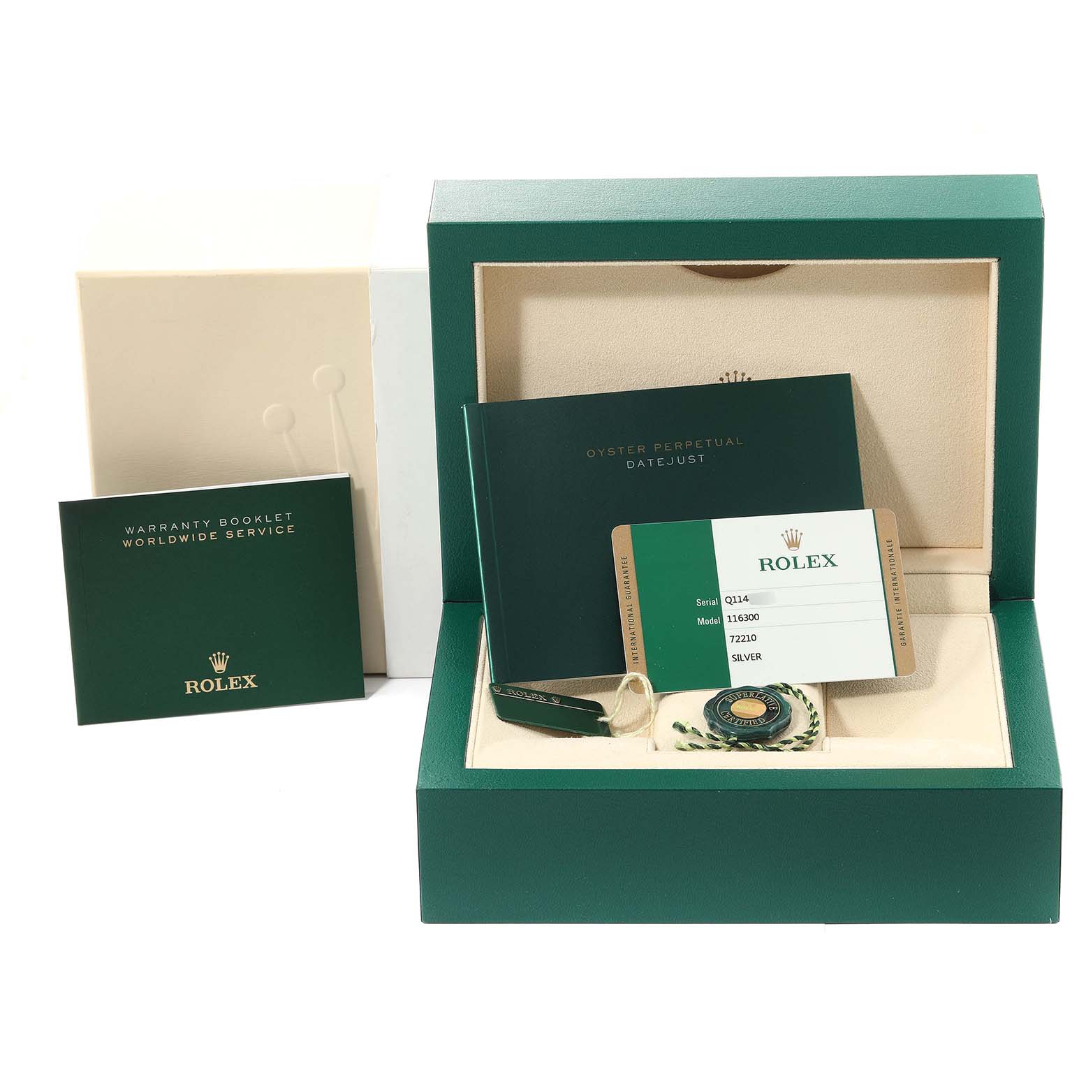The image shows the packaging, warranty booklet, and certificate card for a Rolex Datejust 116300 Men
s Stainless Steel Silver Dial 116300 Men
s Stainless Steel Silver Dial watch.