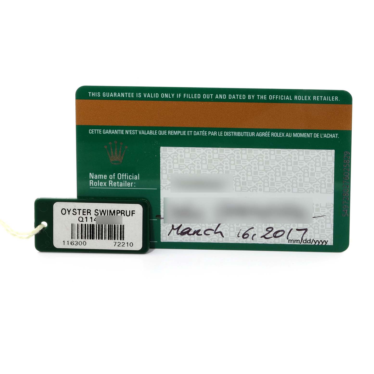 The image shows the warranty card and a tag with model and serial numbers for a Rolex Datejust 116300 Men
s Stainless Steel Silver Dial 116300 Men
s Stainless Steel Silver Dial watch.