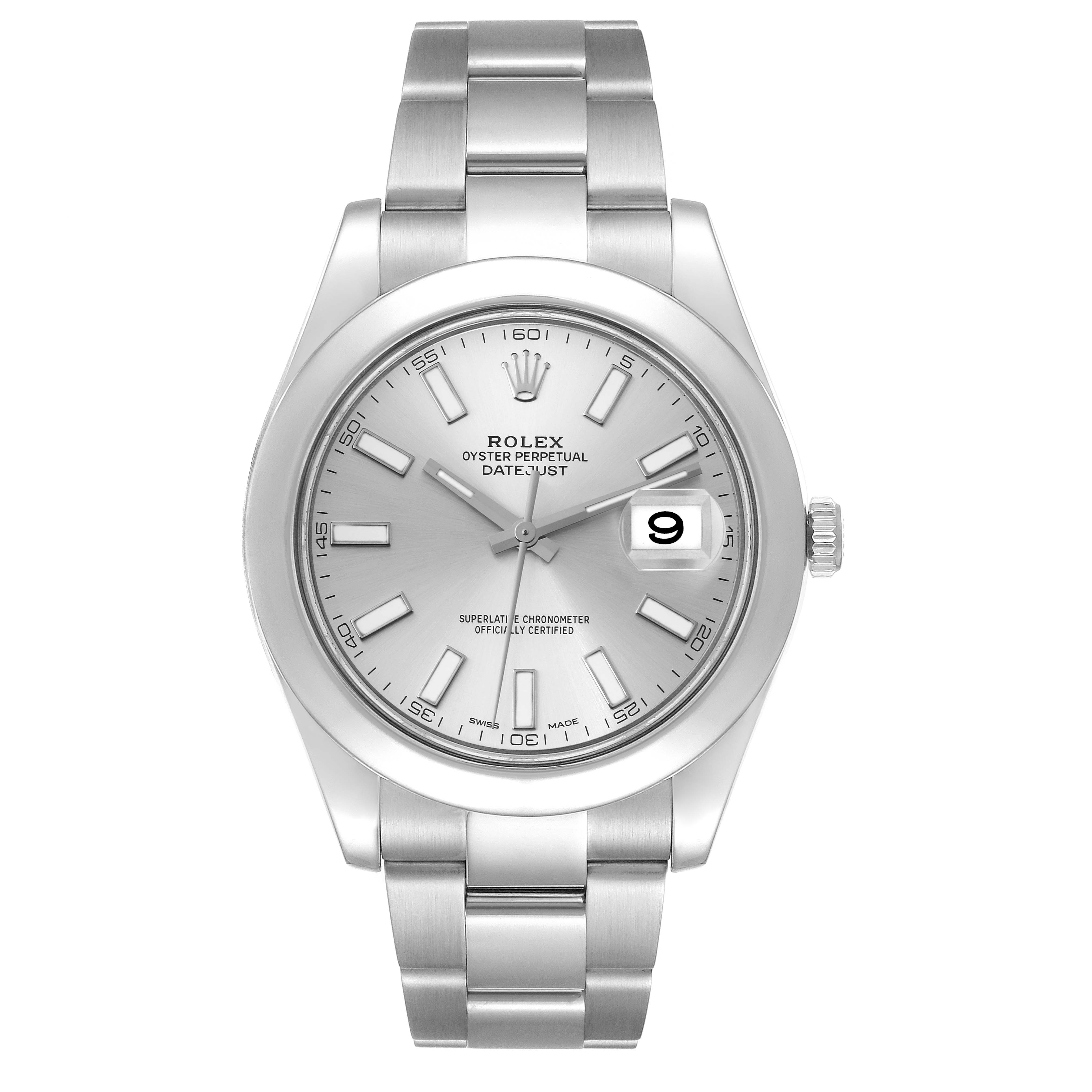 This image shows a frontal view of the Rolex Datejust 116300 Men
s Stainless Steel Silver Dial 116300 Men
s Stainless Steel Silver Dial watch, displaying its dial, bezel, and bracelet.