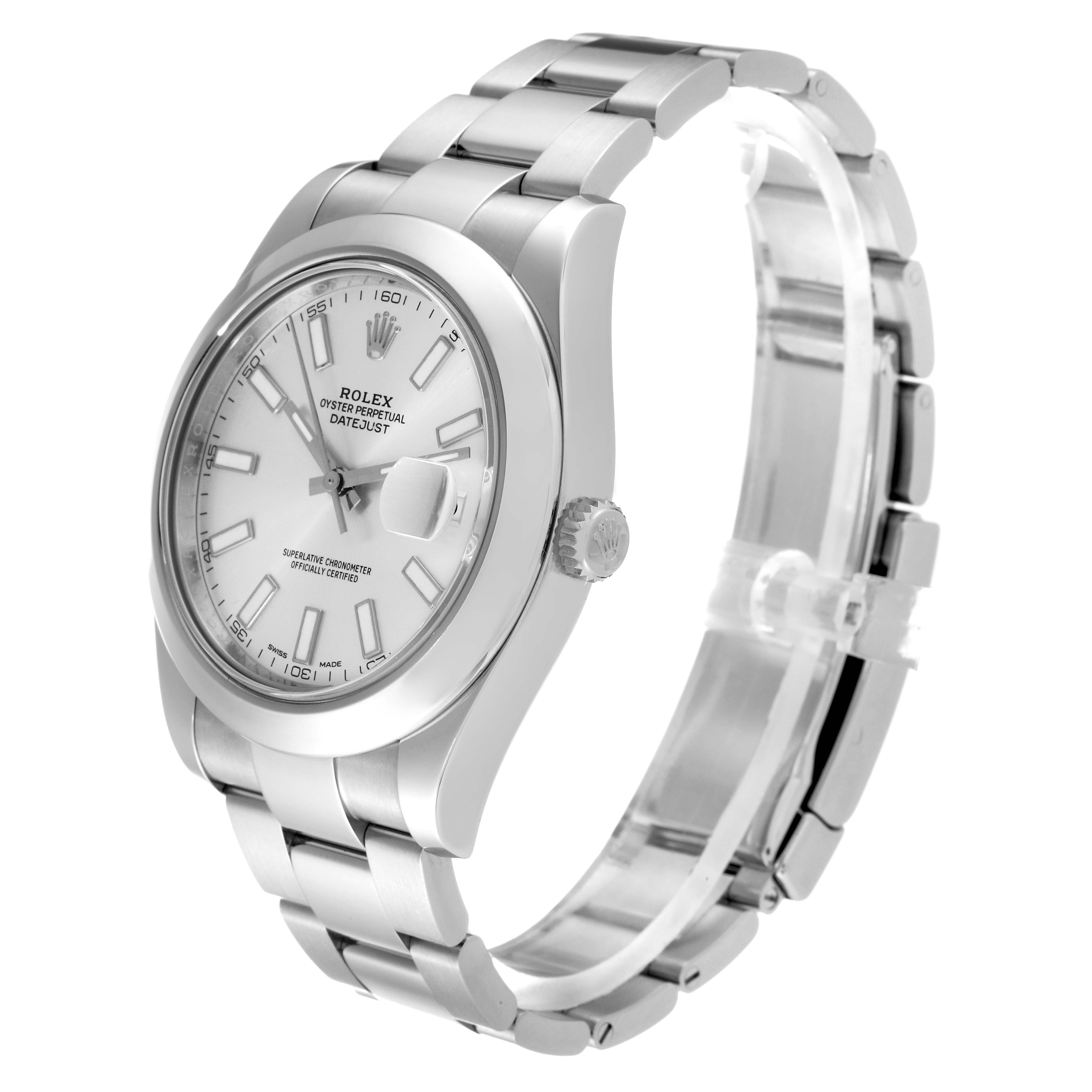 The image shows a side-angle view of the Rolex Datejust 116300 Men
s Stainless Steel Silver Dial 116300 Men
s Stainless Steel Silver Dial watch, highlighting its face, crown, and bracelet.