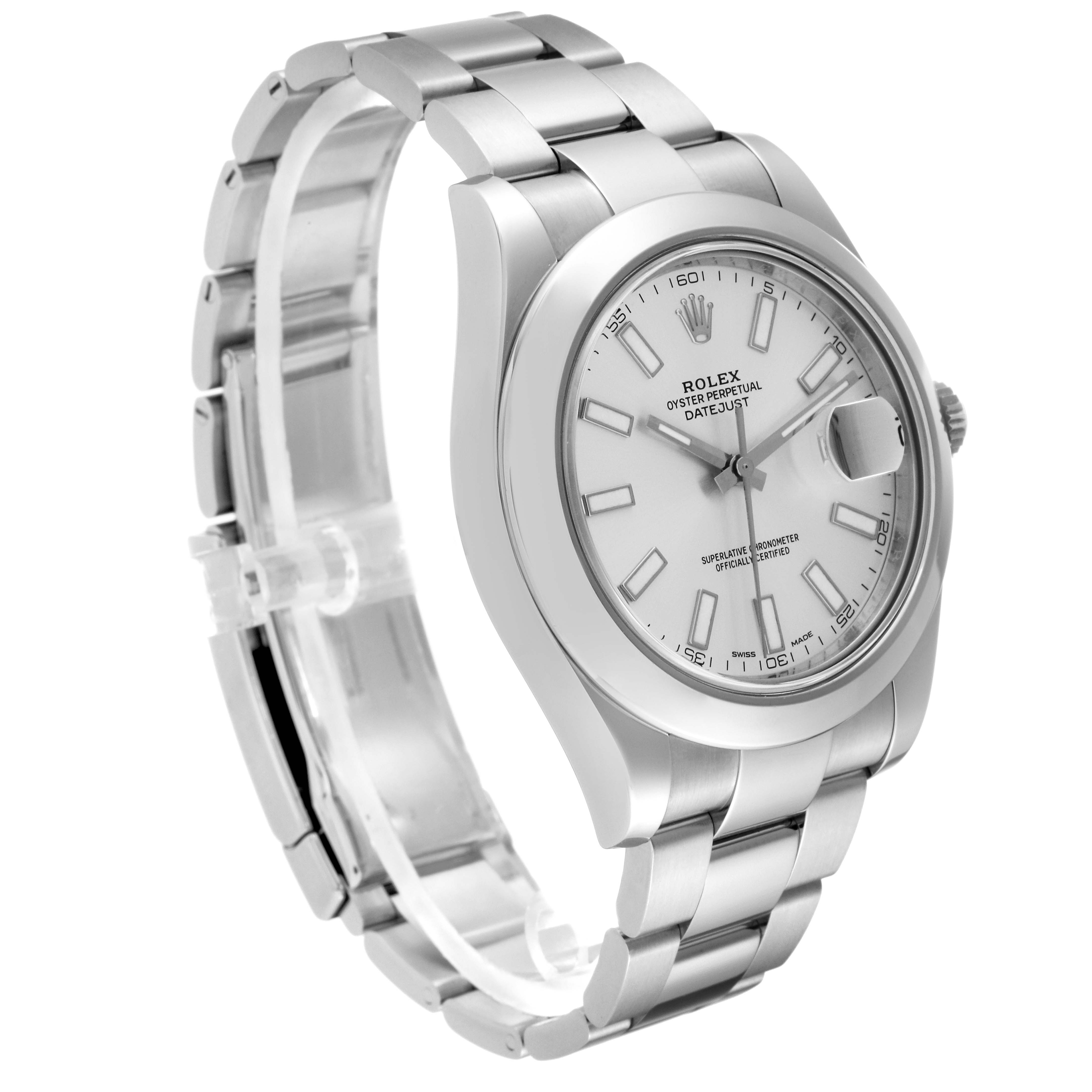 The Rolex Datejust 116300 Men
s Stainless Steel Silver Dial 116300 Men
s Stainless Steel Silver Dial watch is shown at a three-quarter angle highlighting the dial, bezel, and part of the bracelet.
