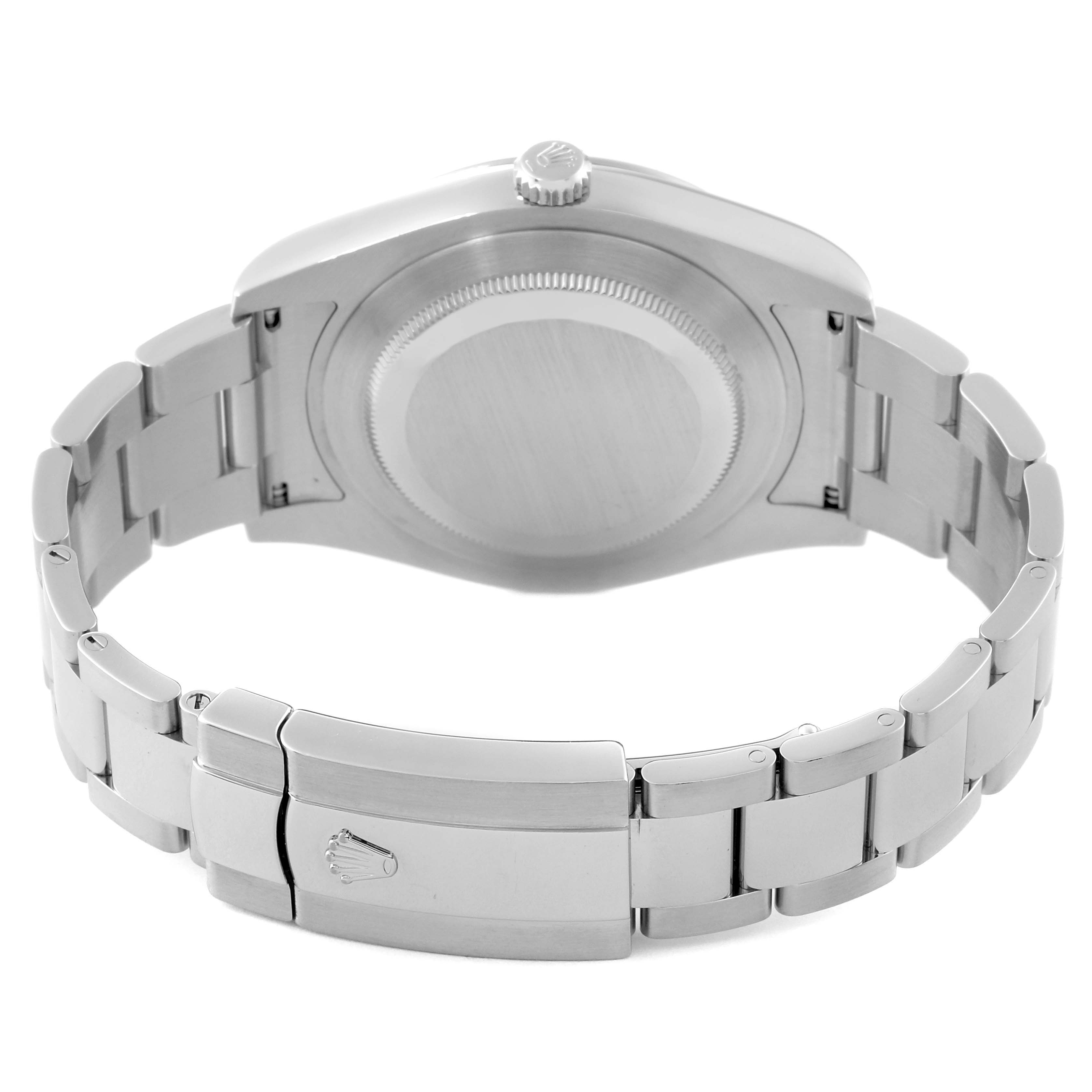 The image shows a rear view of the Rolex Datejust 116300 Men
s Stainless Steel Silver Dial 116300 Men
s Stainless Steel Silver Dial watch, highlighting its case back, stainless steel bracelet, and clasp.