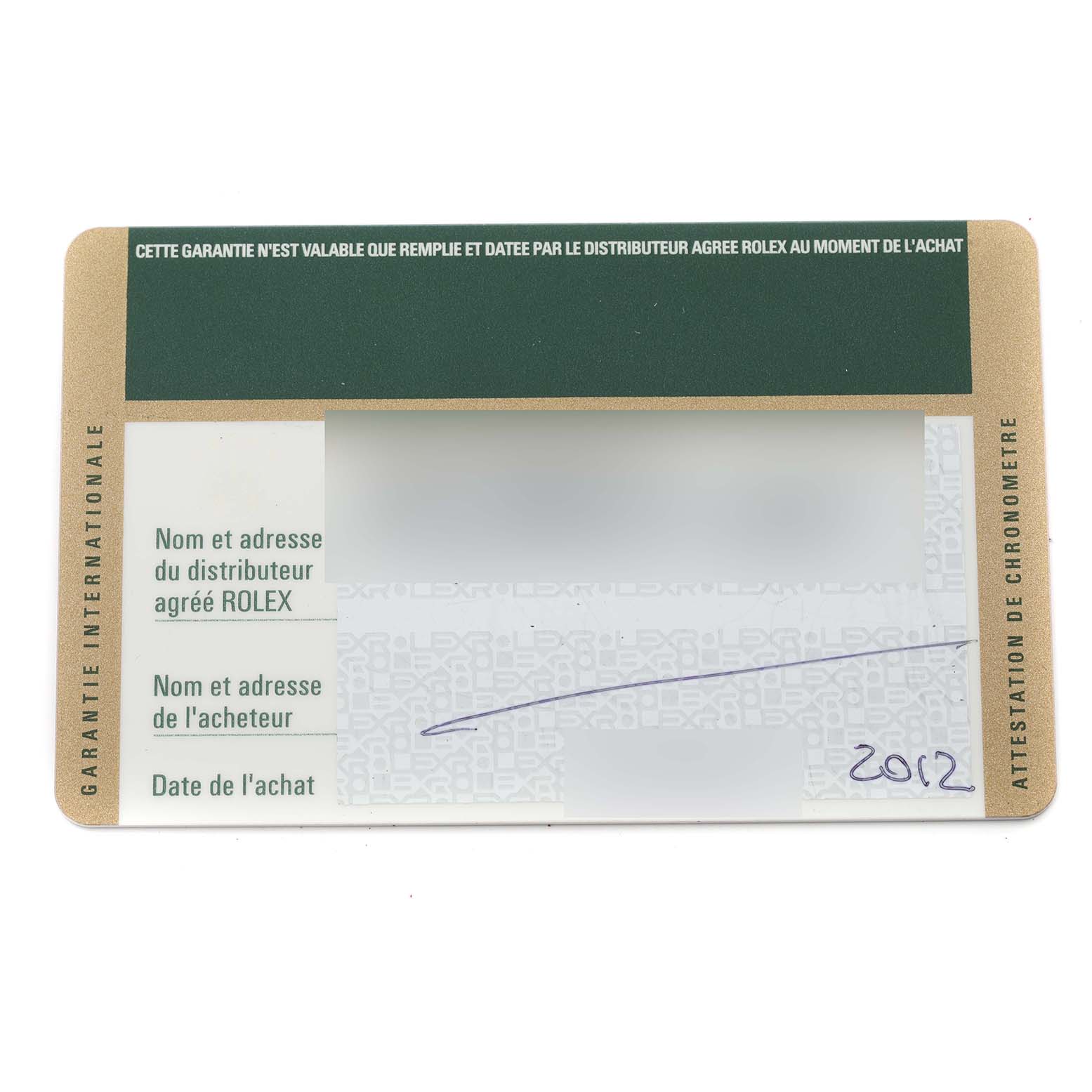 This image shows the warranty card for a Mid-Size Rolex watch with purchase details and validation information.