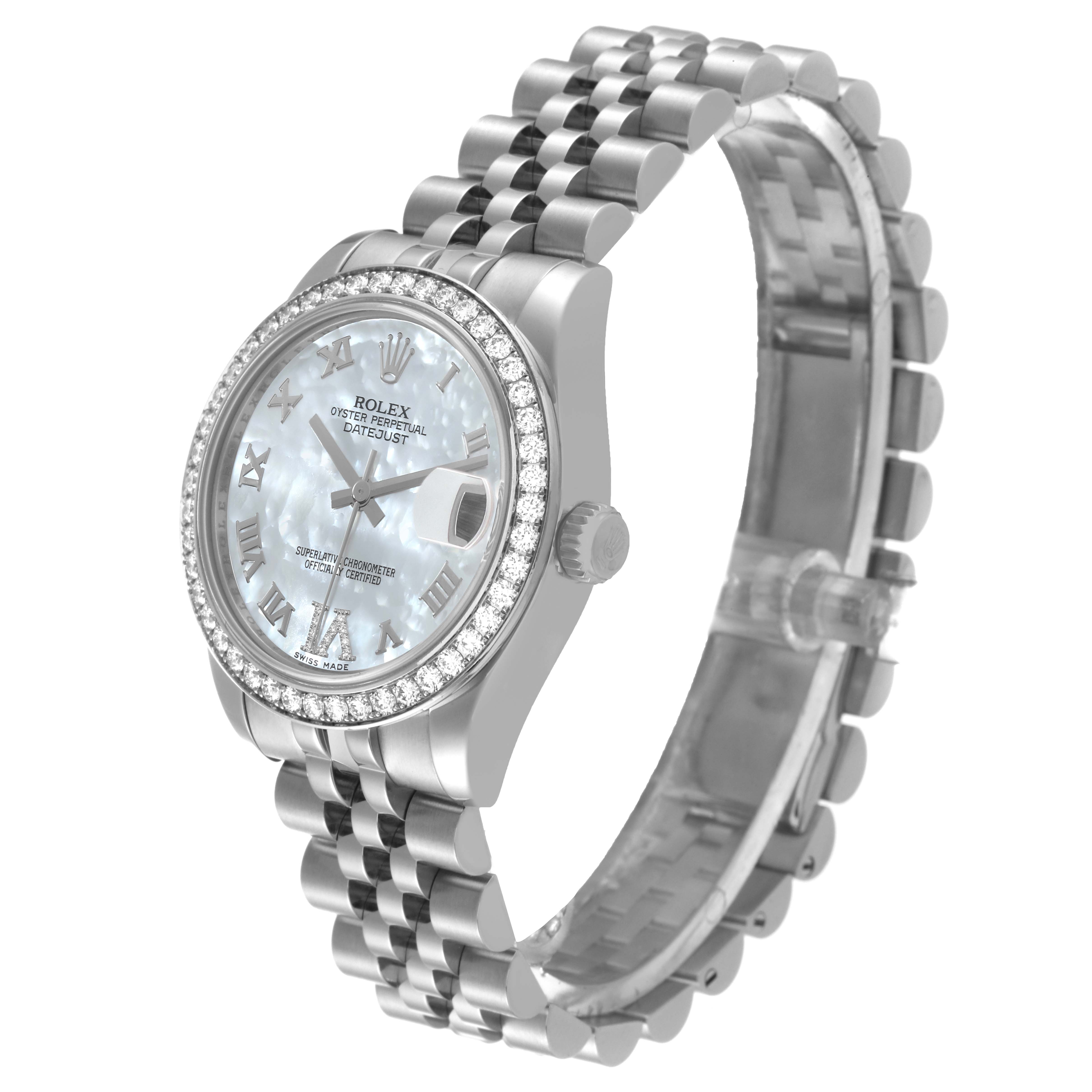The image shows a side angle of a Rolex Mid-Size 178384 Women's Stainless Steel Mother of Pearl Dial 178384 Women's Stainless Steel Mother of Pearl Dial Datejust watch, highlighting the dial, bezel, and bracelet.