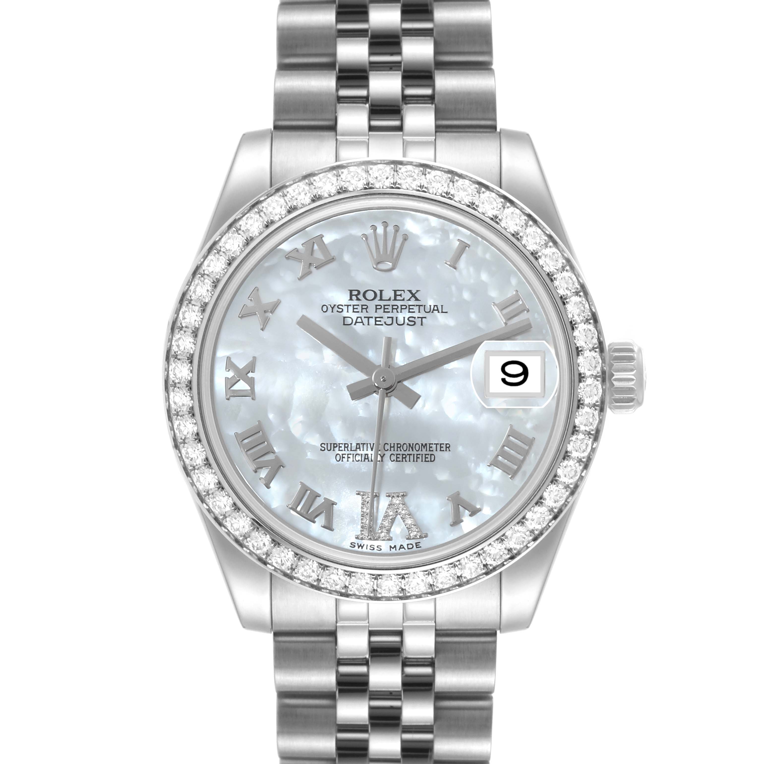 This image shows a frontal view of the Rolex Mid-Size 178384 Women's Stainless Steel Mother of Pearl Dial 178384 Women's Stainless Steel Mother of Pearl Dial Datejust watch, featuring its dial, bezel, and bracelet.