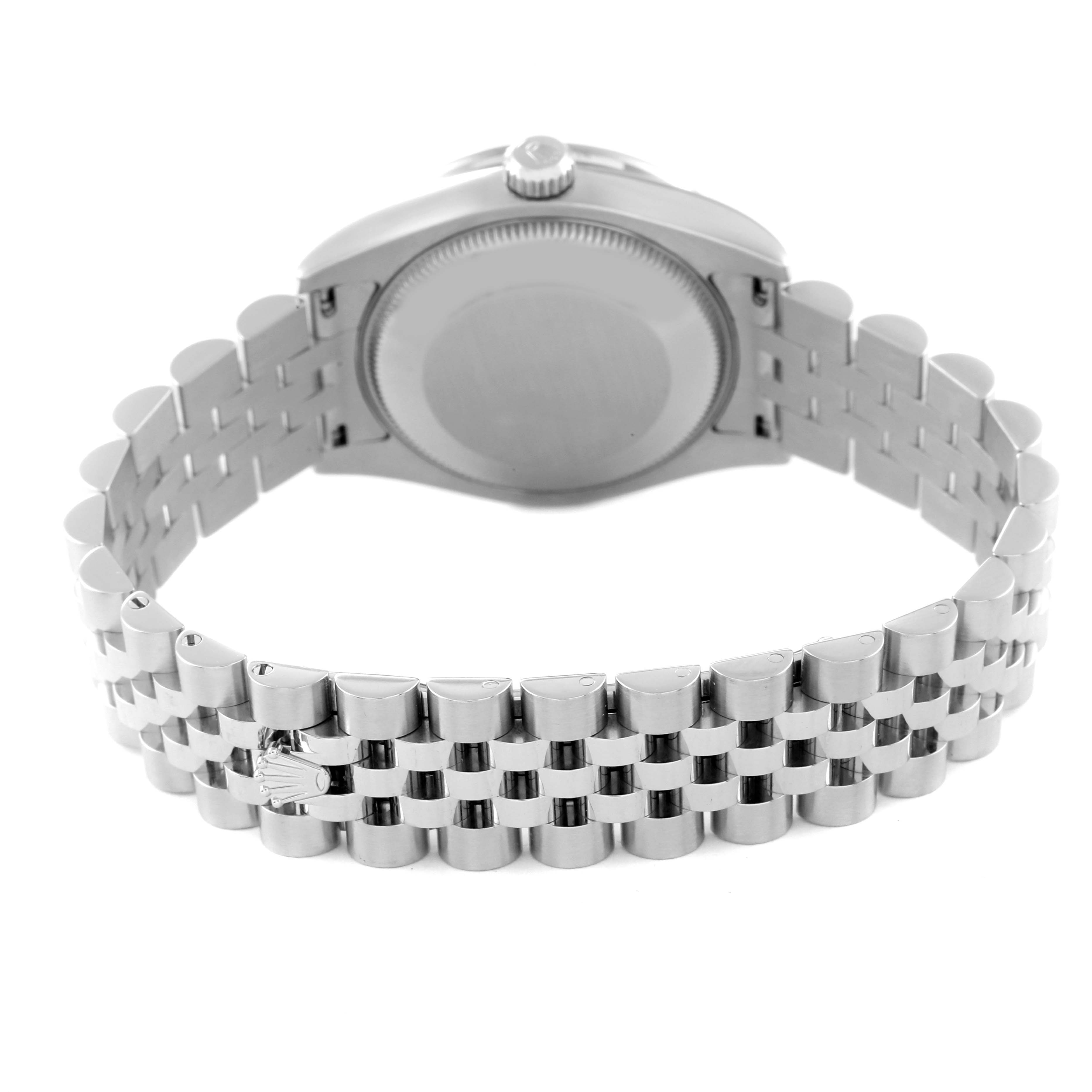 This image shows the back of a Mid-Size Rolex watch case and bracelet.