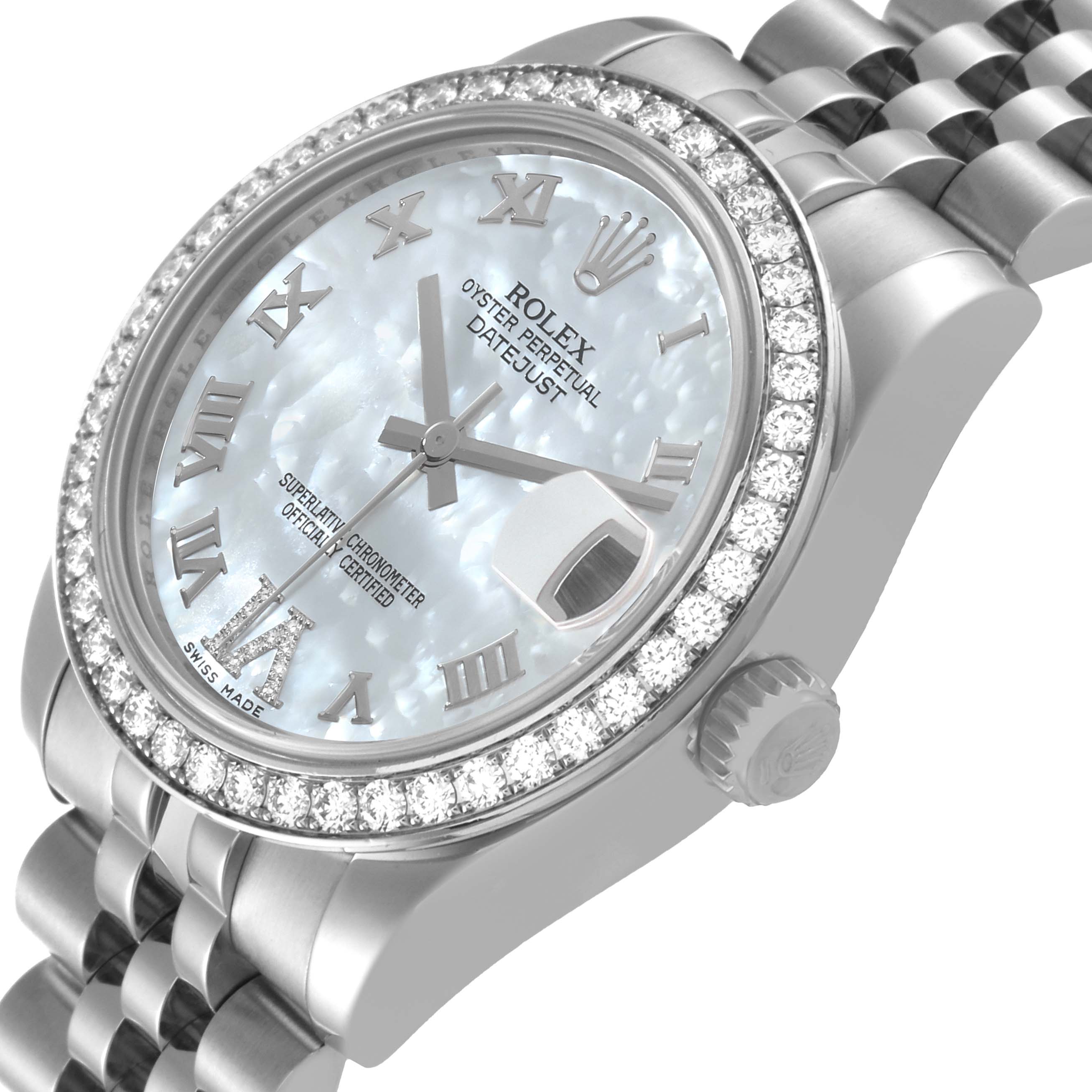 The image shows a Rolex Mid-Size 178384 Women's Stainless Steel Mother of Pearl Dial 178384 Women's Stainless Steel Mother of Pearl Dial watch, highlighting its face, bezel, and part of the band at an angled close-up view.