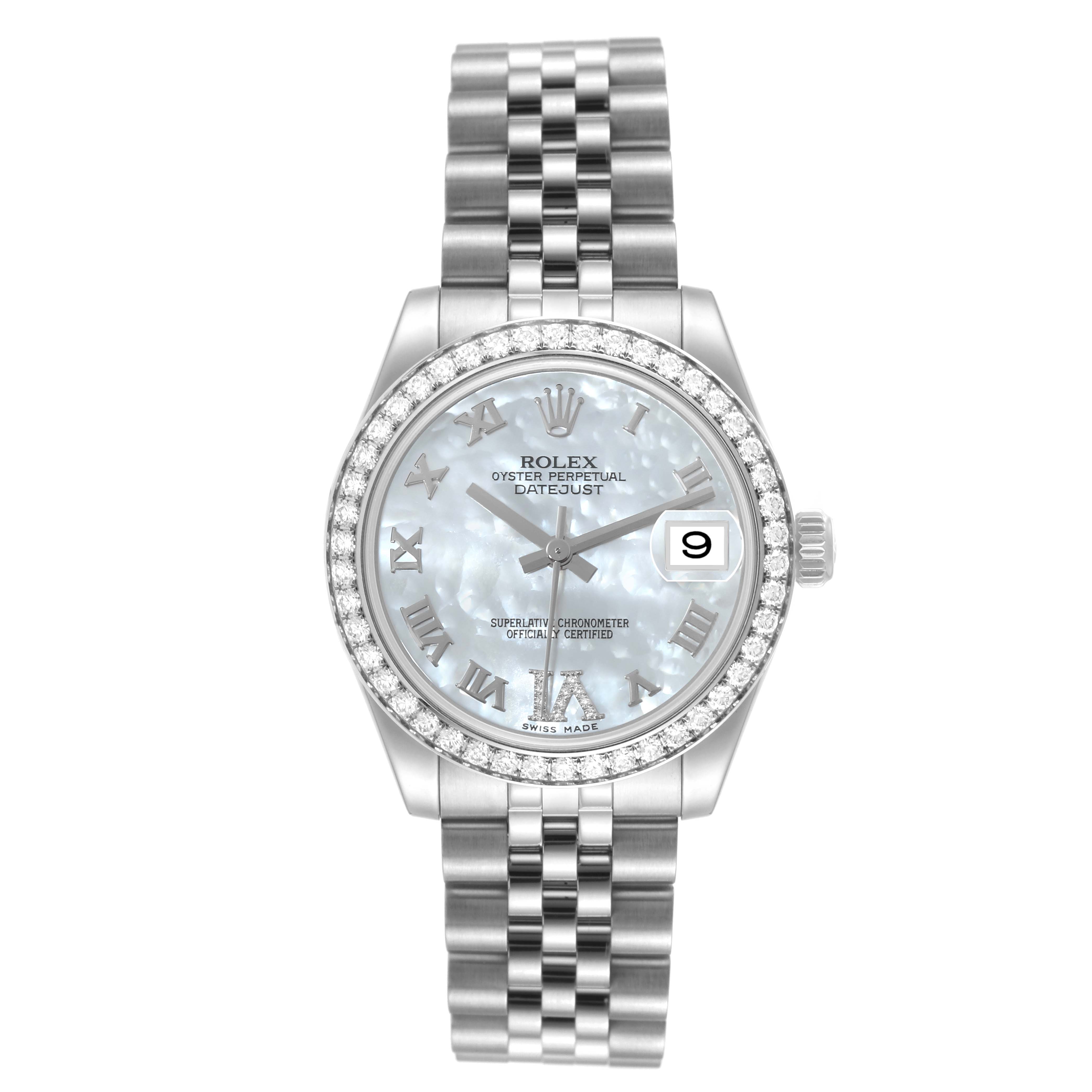 This image shows a front view of a Rolex Mid-Size 178384 Women's Stainless Steel Mother of Pearl Dial 178384 Women's Stainless Steel Mother of Pearl Dial Oyster Perpetual Datejust watch, highlighting its dial, bezel, and bracelet.