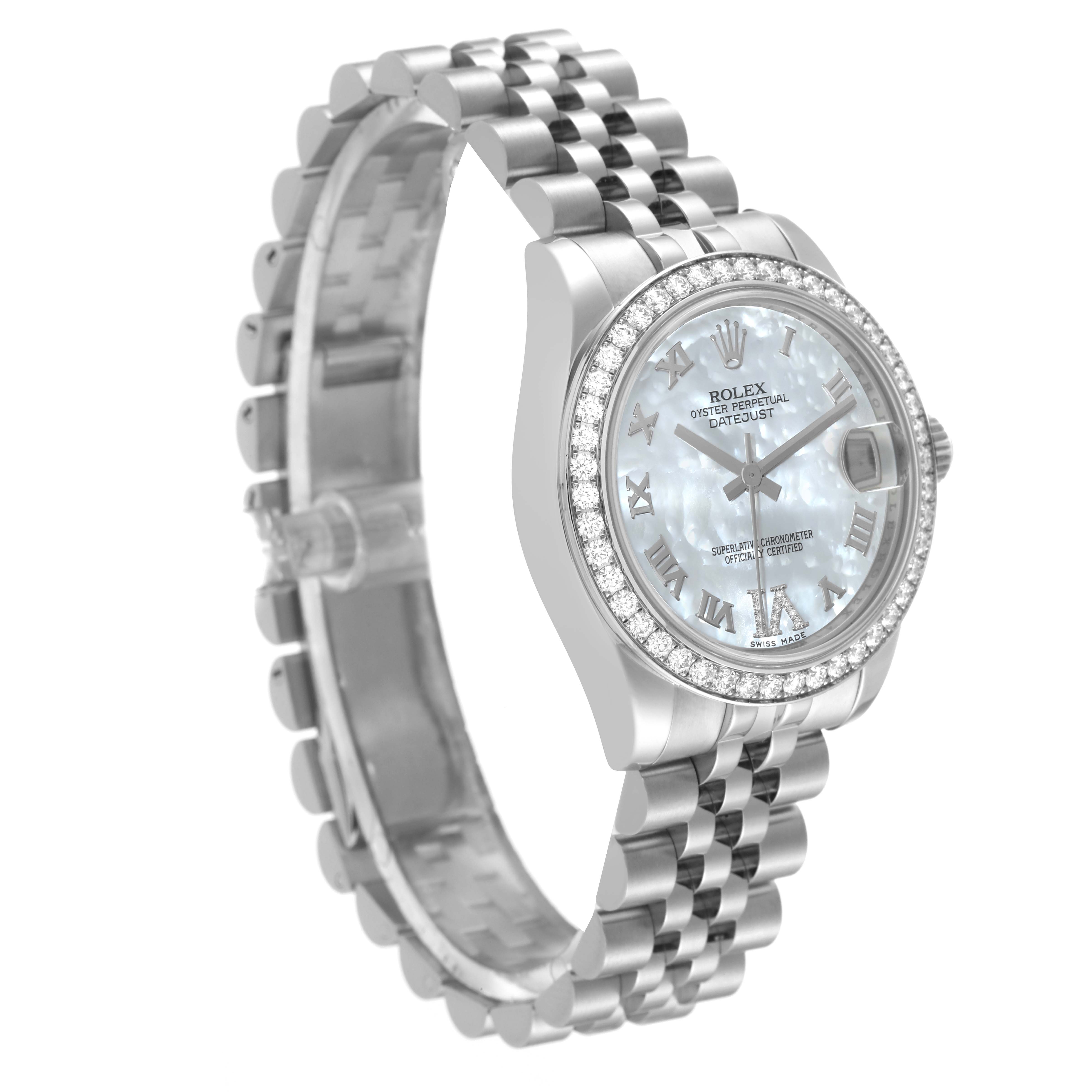 The image shows a side and front angle of a Rolex Mid-Size 178384 Women's Stainless Steel Mother of Pearl Dial 178384 Women's Stainless Steel Mother of Pearl Dial watch, highlighting the bracelet, face, and bezel.