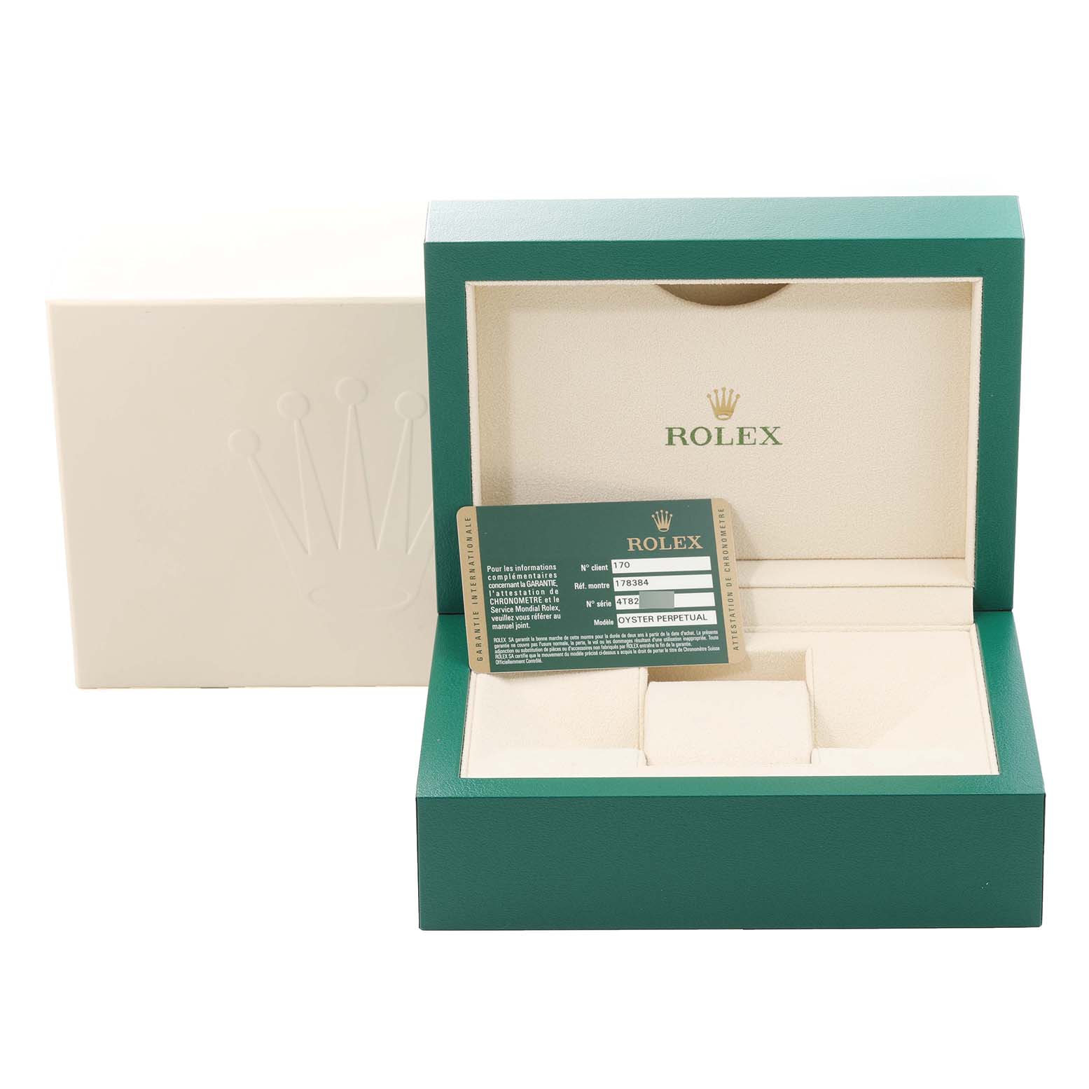 This image shows a Rolex watch box for a Mid-Size model, open, revealing the interior and including the authentication card.