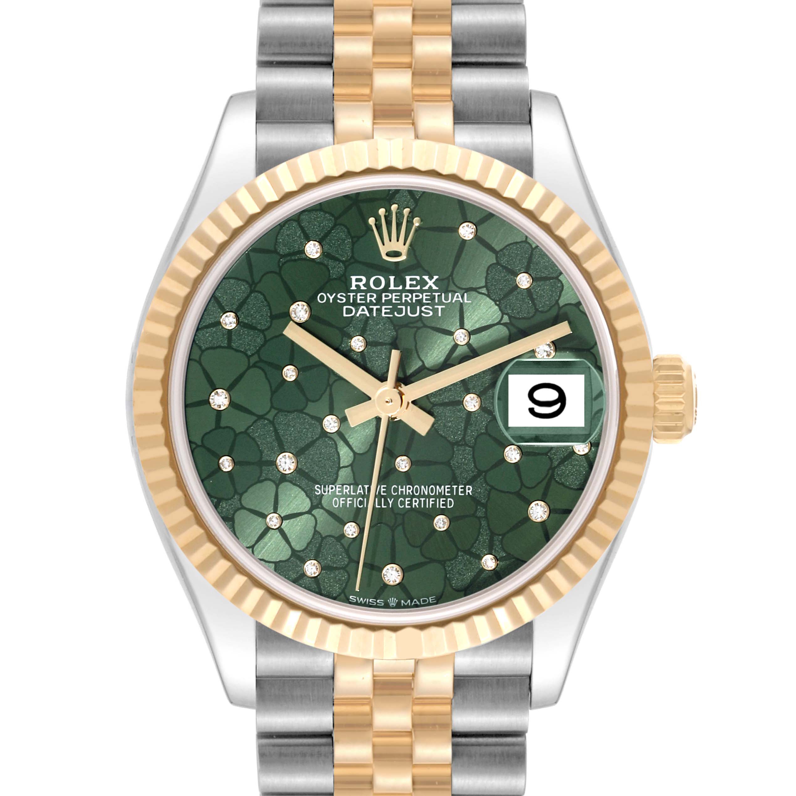 The image shows the front view of a Rolex Oyster Perpetual Datejust Mid-Size watch with a green floral dial and two-tone bracelet.
