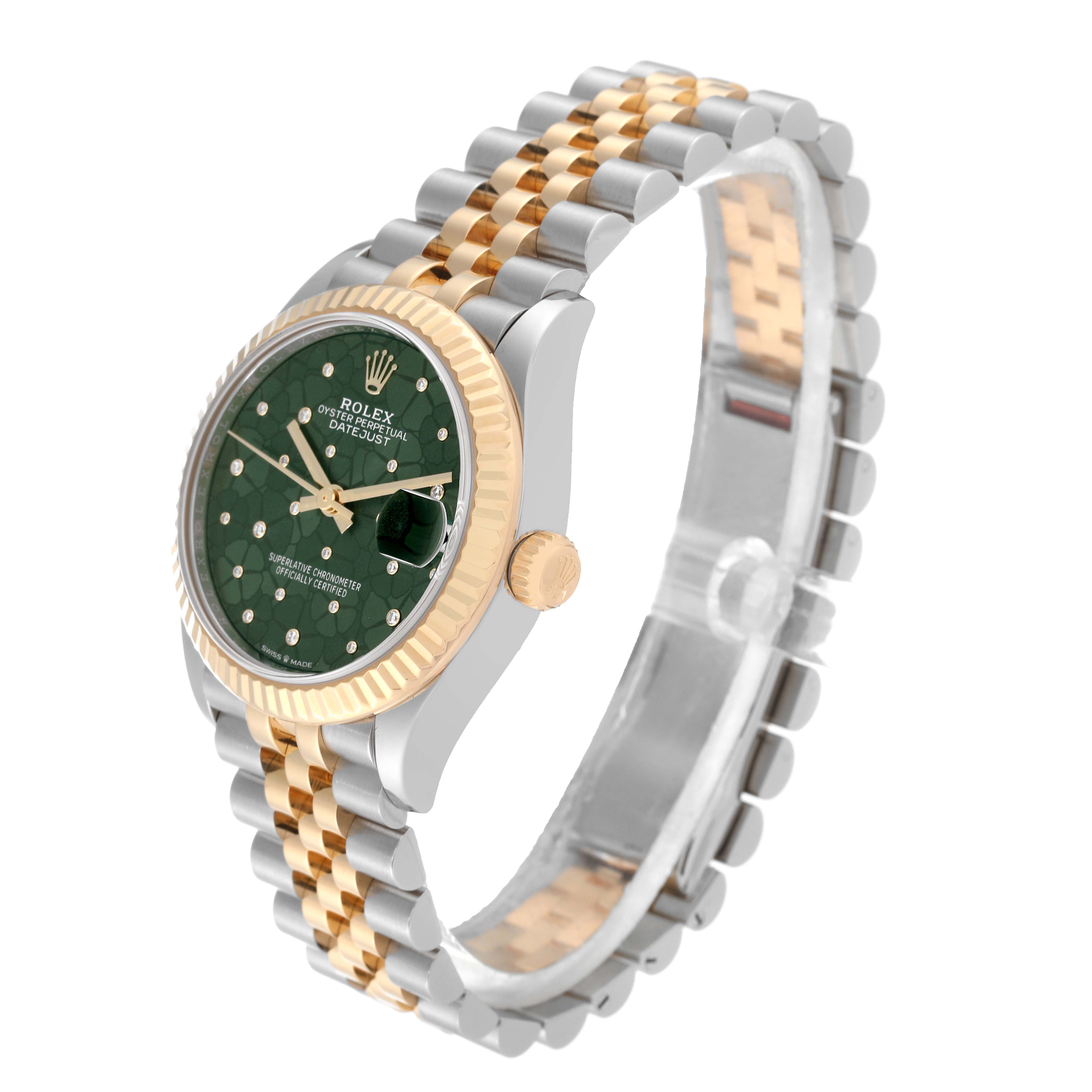 The image shows a side-angle view of a Rolex Mid-Size 278273 Women's Steel and Gold (two tone) Green Dial 278273 Women's Steel and Gold (two tone) Green Dial watch featuring the face, band, crown, and bezel.