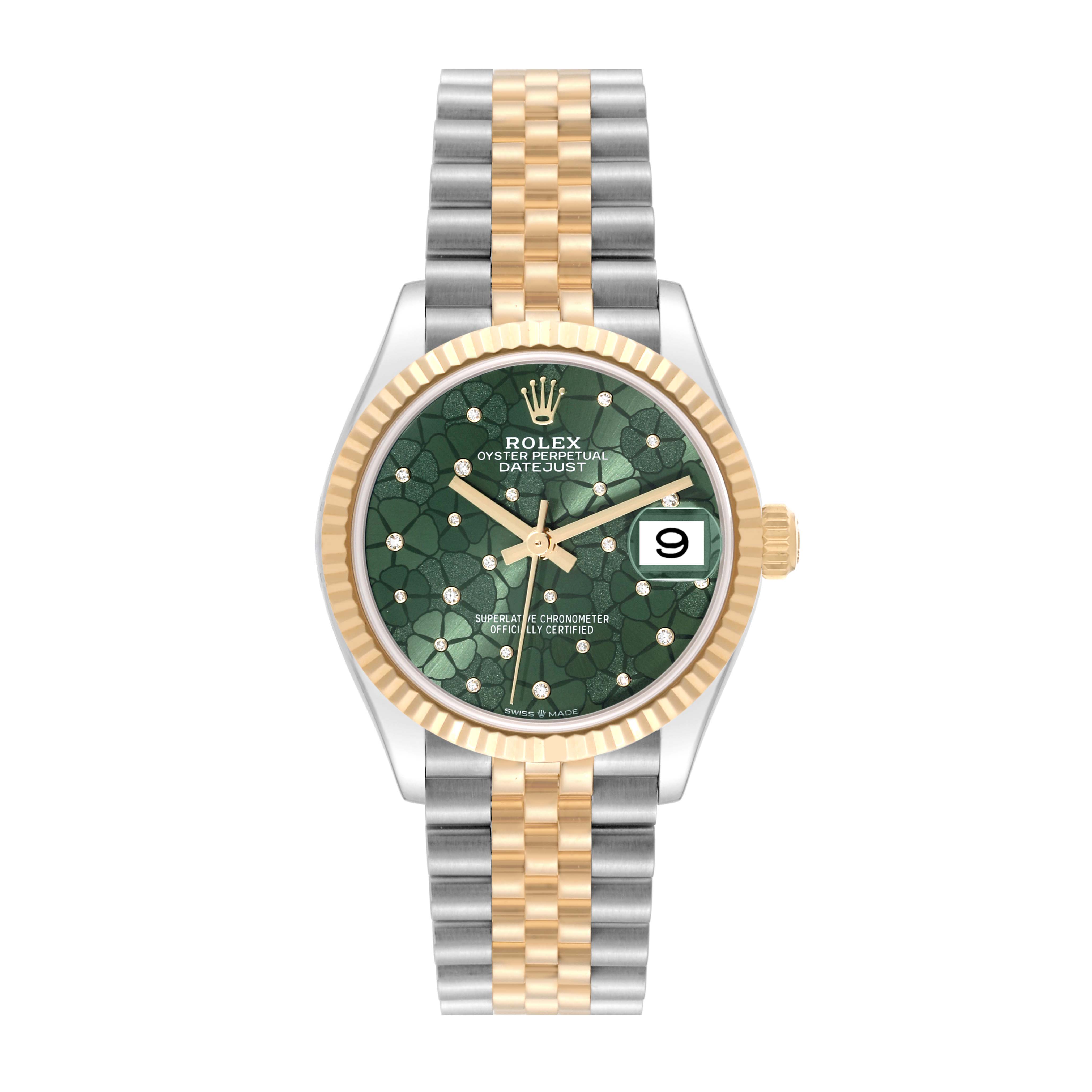 This image shows the front view of a Rolex Oyster Perpetual Datejust Mid-Size watch, displaying its green dial, date window, and two-tone bracelet.