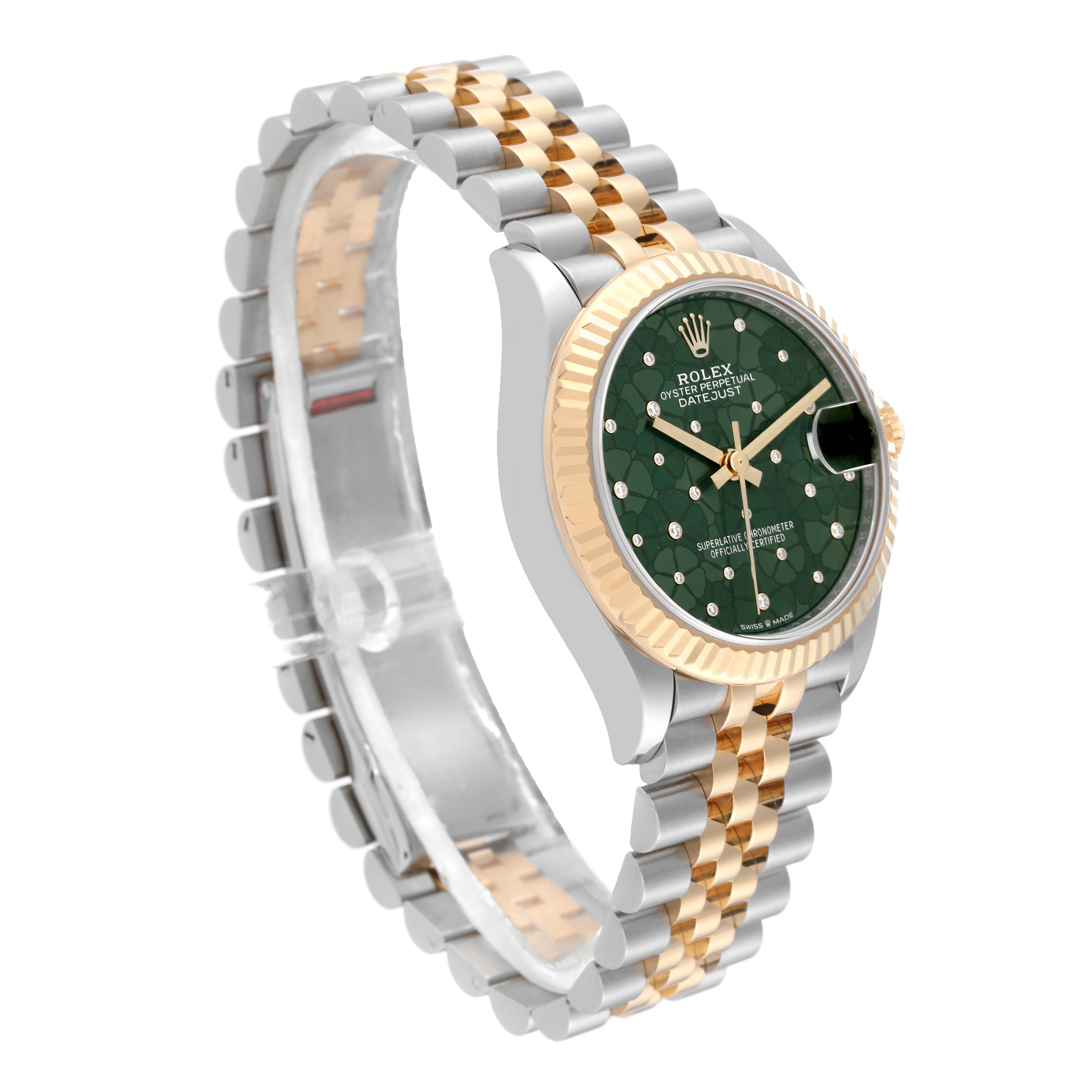 This image shows a side view angle of a Mid-Size Rolex watch, highlighting its green dial, gold bezel, and silver-and-gold bracelet.