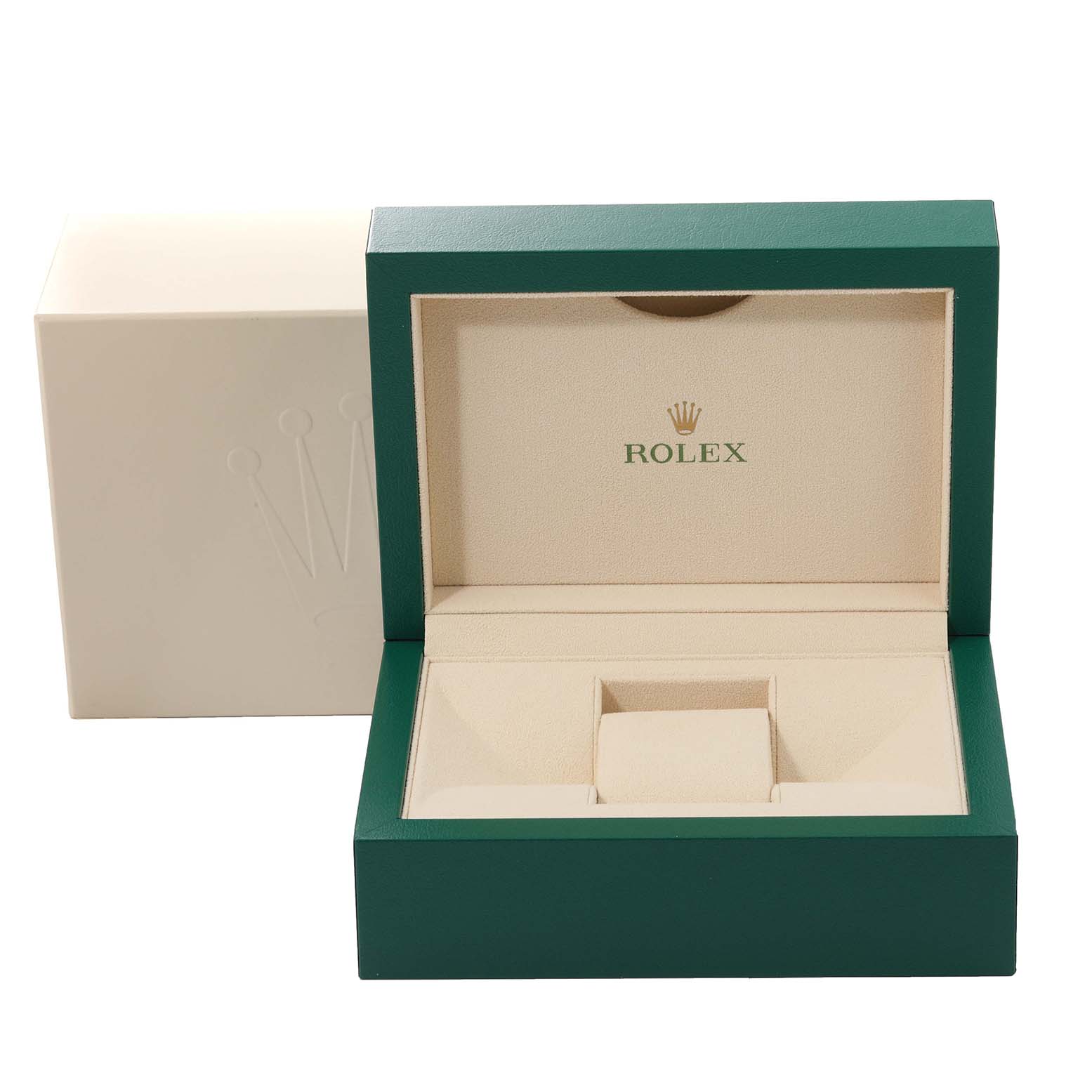 The image shows a green and beige Rolex watch box for a Mid-Size model, displaying both the inner and outer parts.