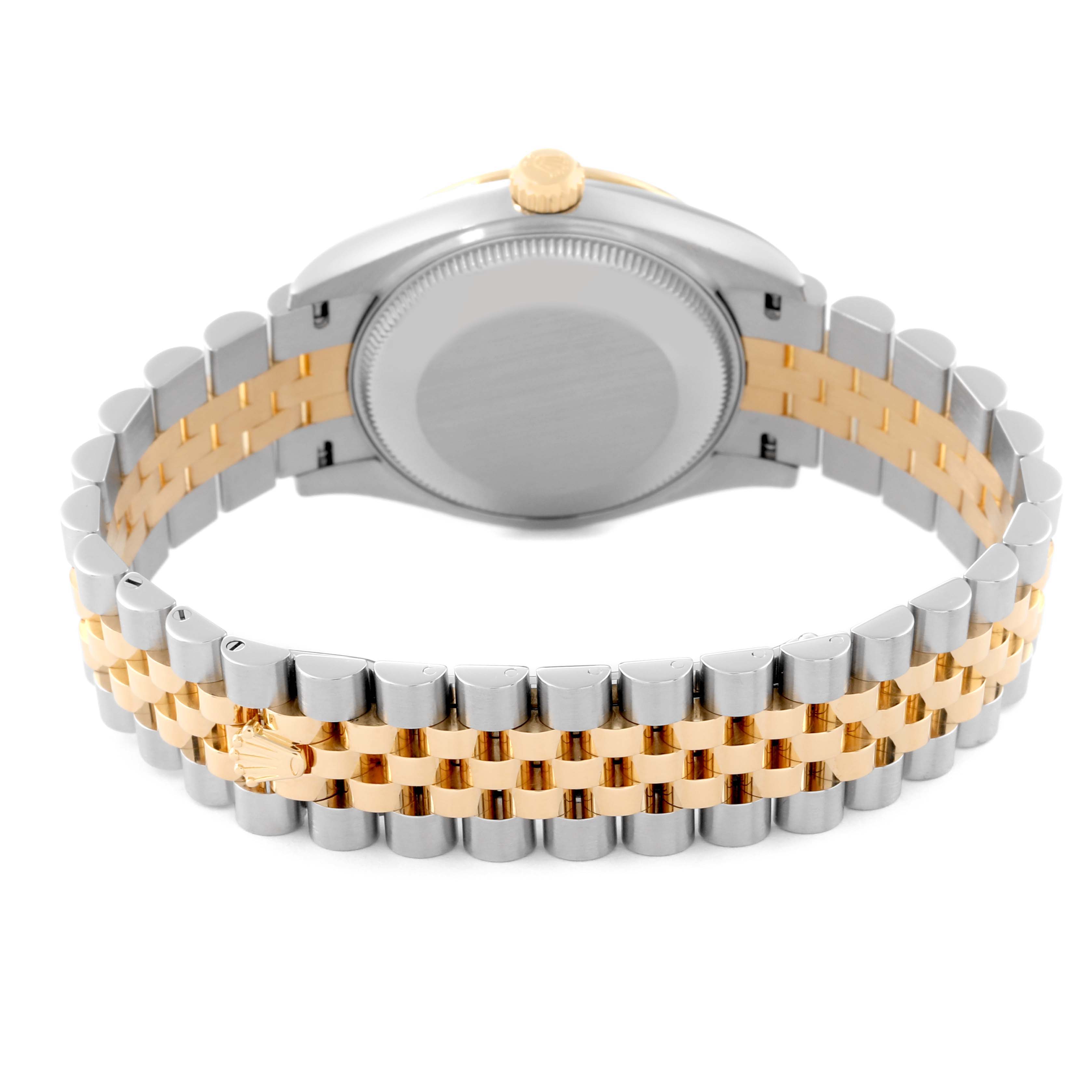 This image shows the back view of a Rolex Mid-Size 278273 Women's Steel and Gold (two tone) Green Dial 278273 Women's Steel and Gold (two tone) Green Dial model watch, highlighting the case back and the two-tone bracelet links.