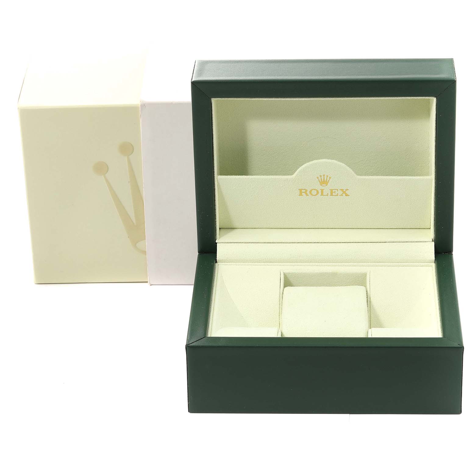 The image shows an open Rolex Datejust 179163 Women's Steel and Gold (two tone) Silver Dial 179163 Women's Steel and Gold (two tone) Silver Dial watch box in green, with the outer box placed beside it.