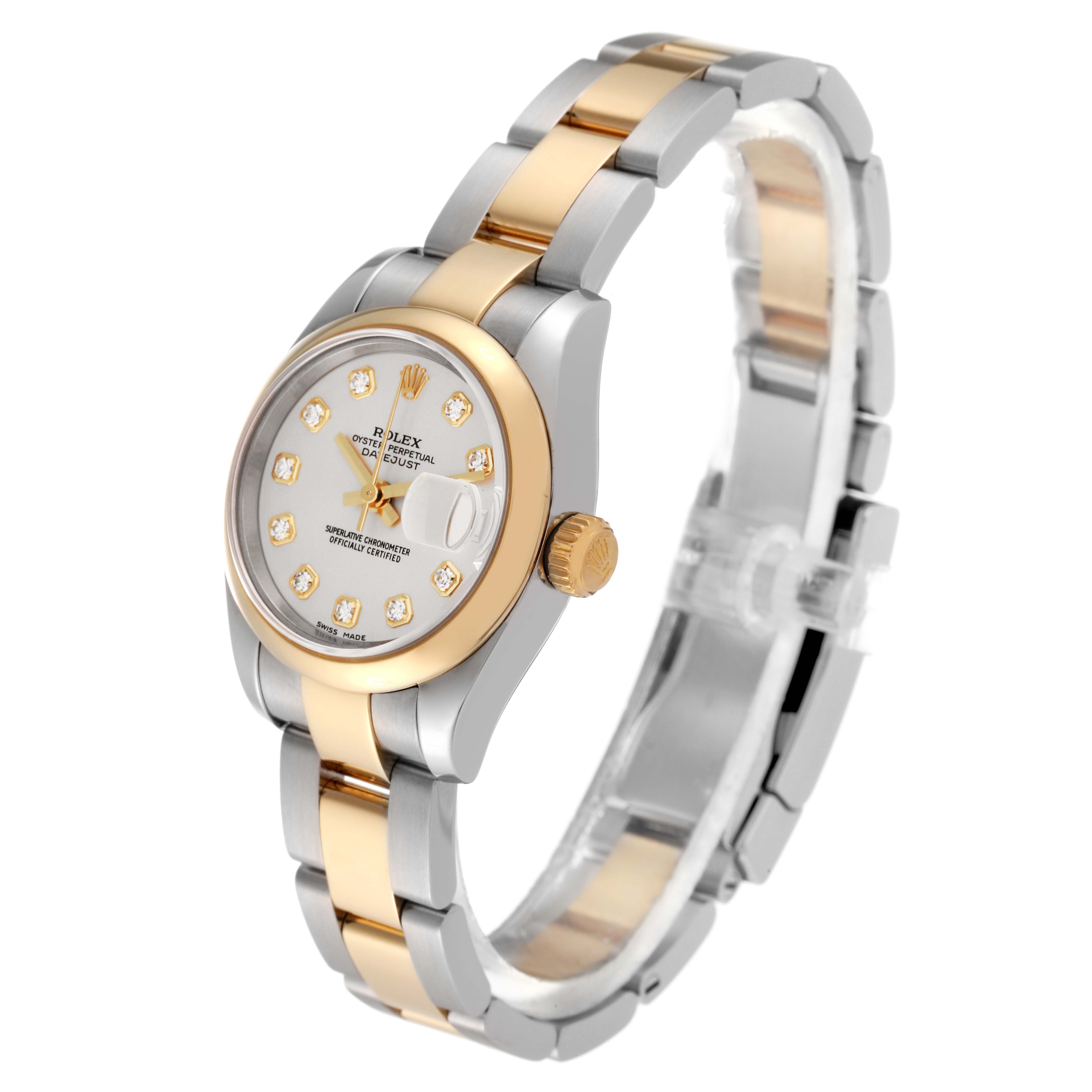 The Rolex Datejust 179163 Women's Steel and Gold (two tone) Silver Dial 179163 Women's Steel and Gold (two tone) Silver Dial watch is shown at a slight angle, displaying the face, bezel, crown, and bracelet.