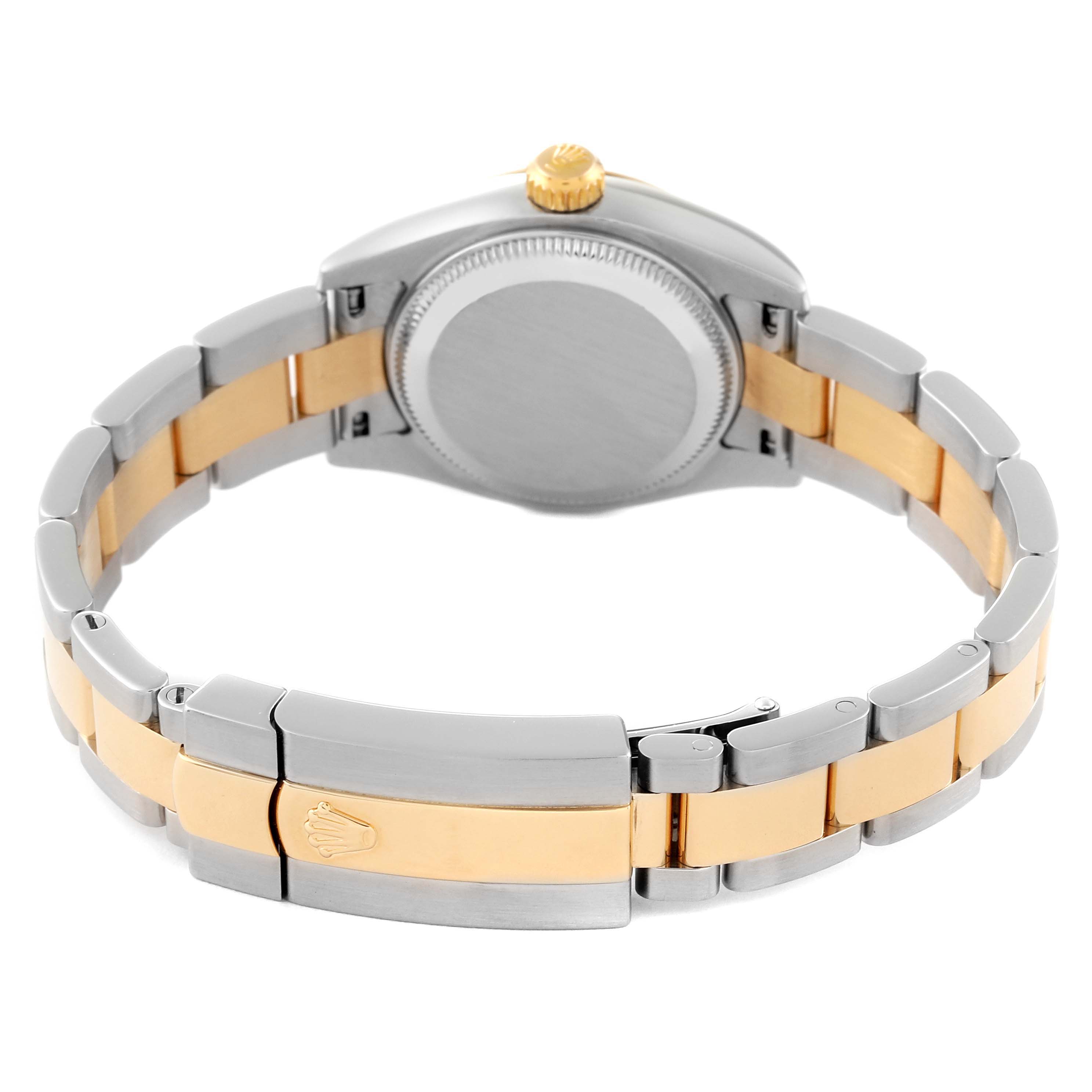 The image shows the back and clasp of a Rolex Datejust 179163 Women's Steel and Gold (two tone) Silver Dial 179163 Women's Steel and Gold (two tone) Silver Dial watch, including the bracelet and crown.