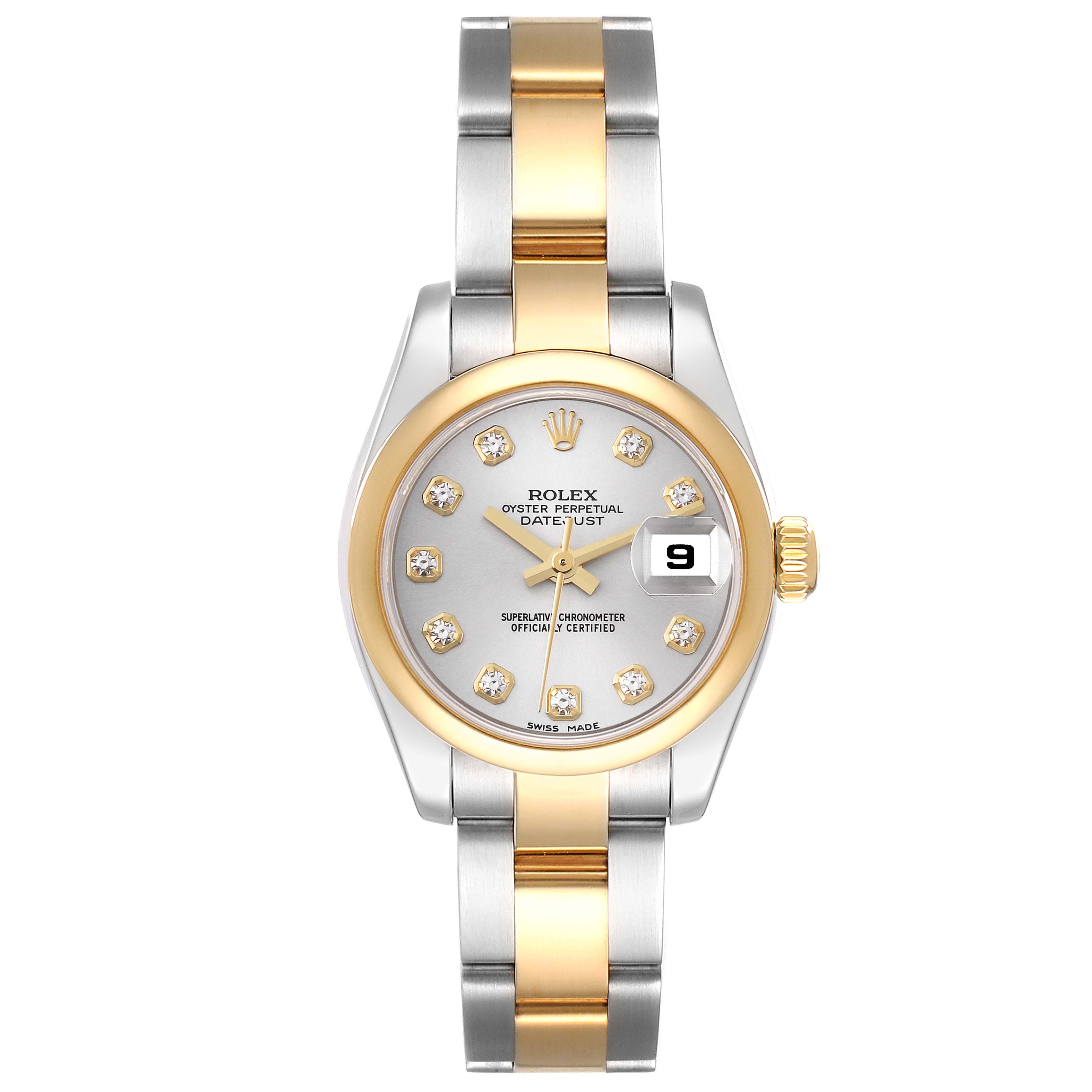 This is a front view of a Rolex Datejust 179163 Women's Steel and Gold (two tone) Silver Dial 179163 Women's Steel and Gold (two tone) Silver Dial watch, showing the dial, hands, date window, and two-tone bracelet.