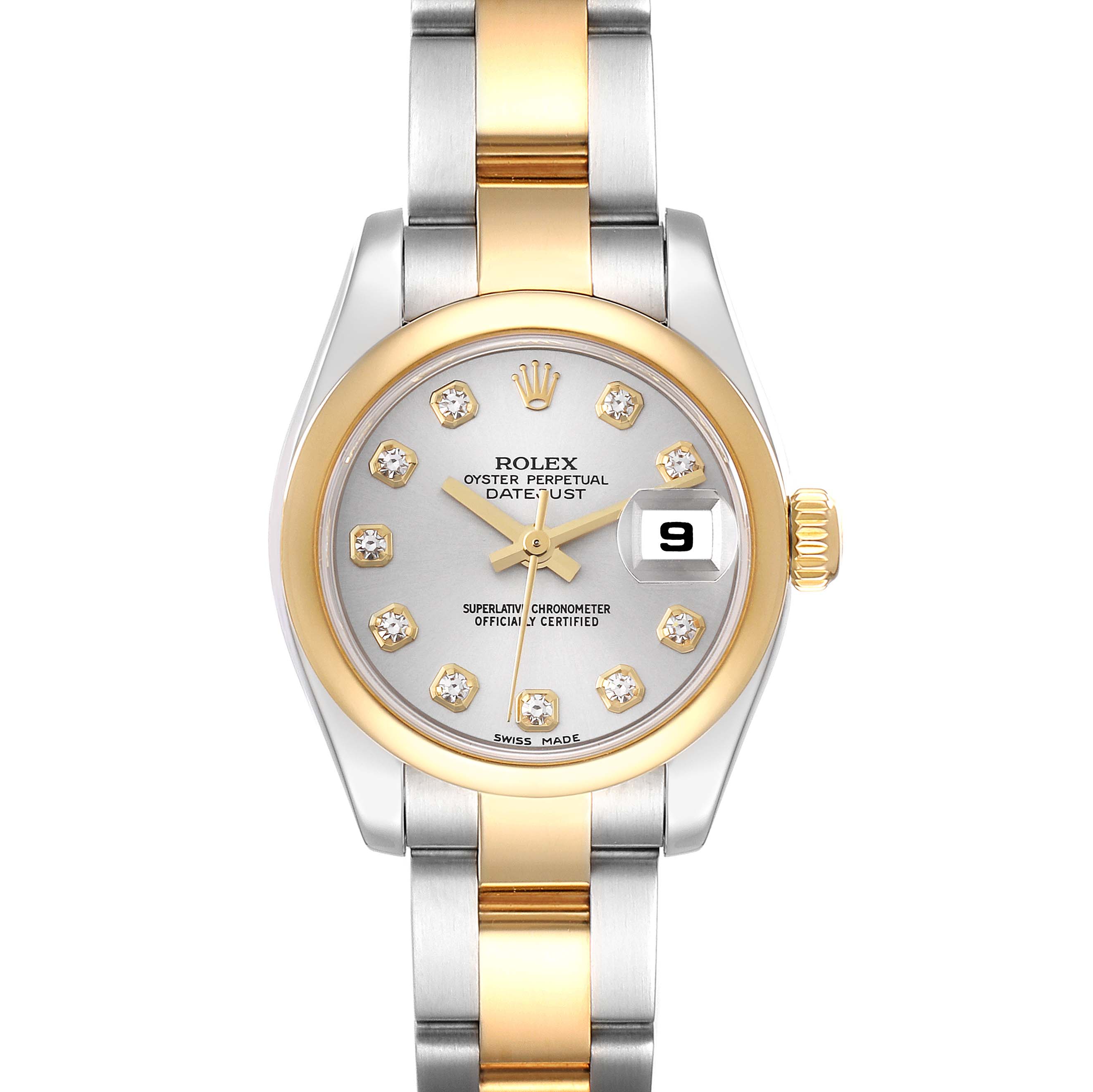 The image shows a front view of a Rolex Datejust 179163 Women's Steel and Gold (two tone) Silver Dial 179163 Women's Steel and Gold (two tone) Silver Dial watch featuring a gold and silver bracelet, diamond hour markers, and a date window.
