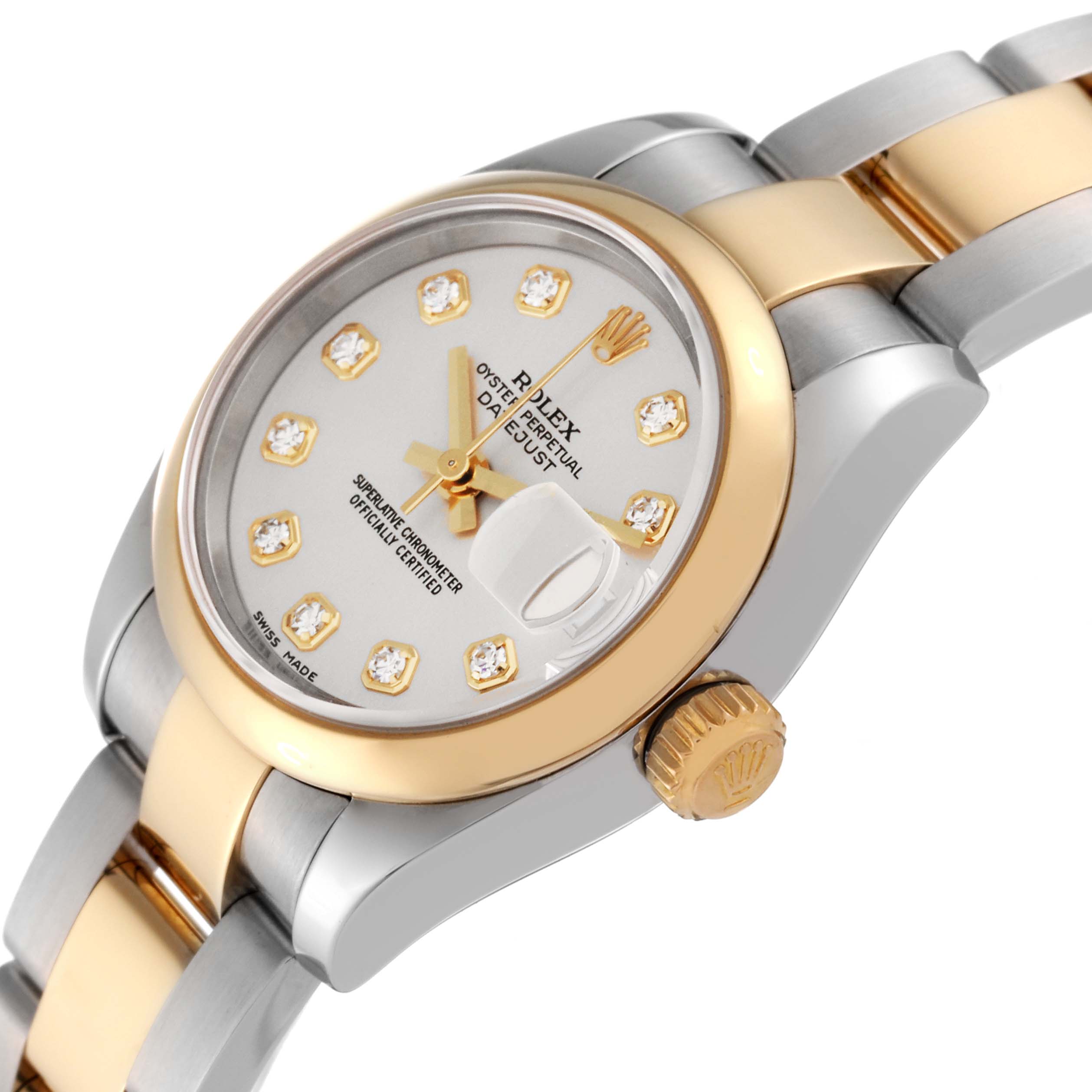 The image shows a close-up angle of the Rolex Datejust 179163 Women's Steel and Gold (two tone) Silver Dial 179163 Women's Steel and Gold (two tone) Silver Dial watch, highlighting its dial, bezel, crown, and part of the bracelet.