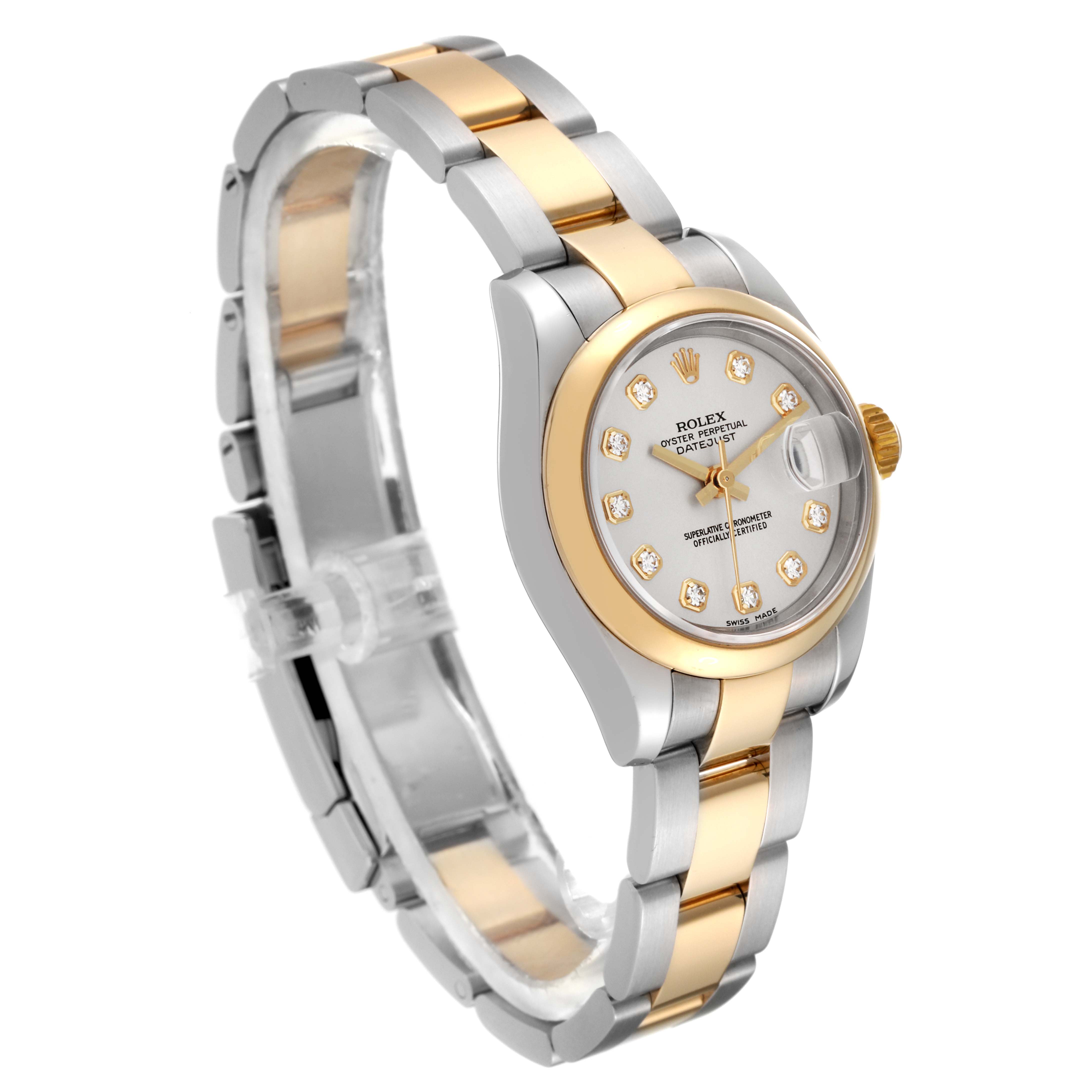 This Rolex Datejust 179163 Women's Steel and Gold (two tone) Silver Dial 179163 Women's Steel and Gold (two tone) Silver Dial watch is shown from a three-quarter angle, highlighting its dial, bracelet, and side profile.