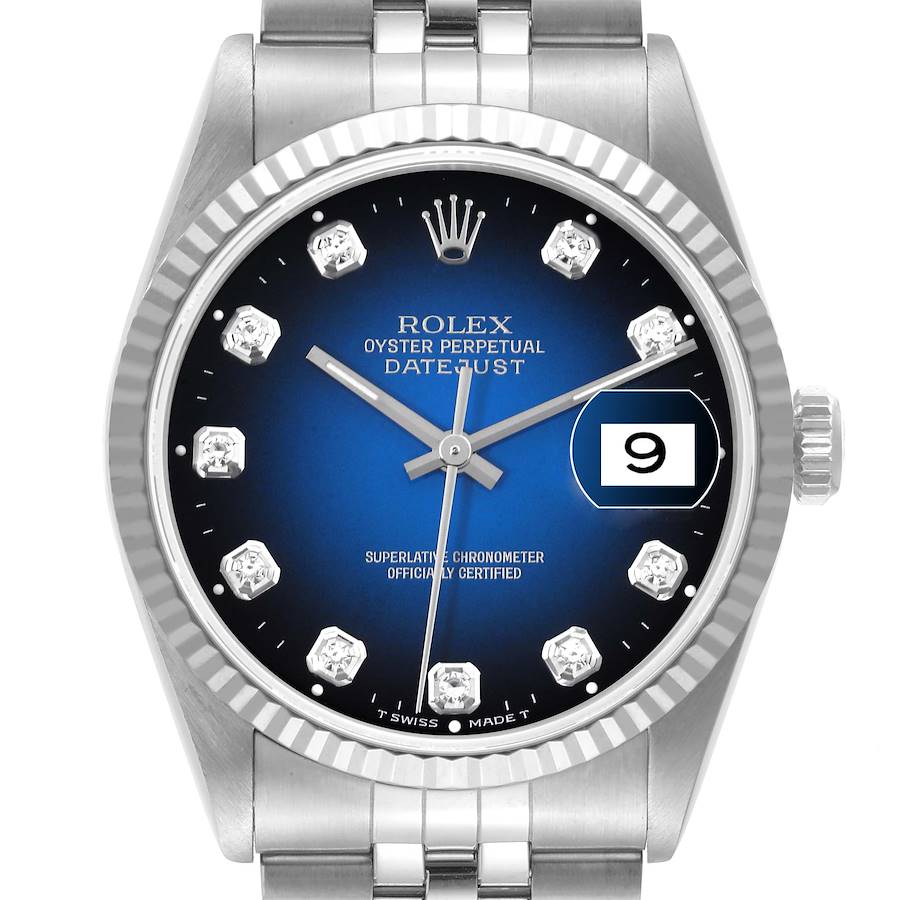 Rolex Datejust Steel White Gold Blue Vignette Diamond Dial Watch 16234 Box Papers SwissWatchExpo