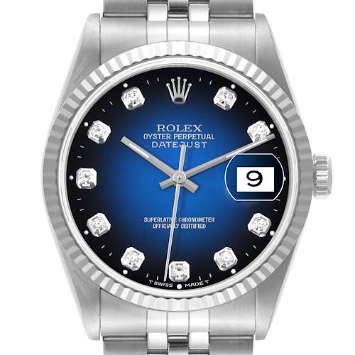 Photo of Rolex Datejust Steel White Gold Blue Vignette Diamond Dial Watch 16234 Box Papers